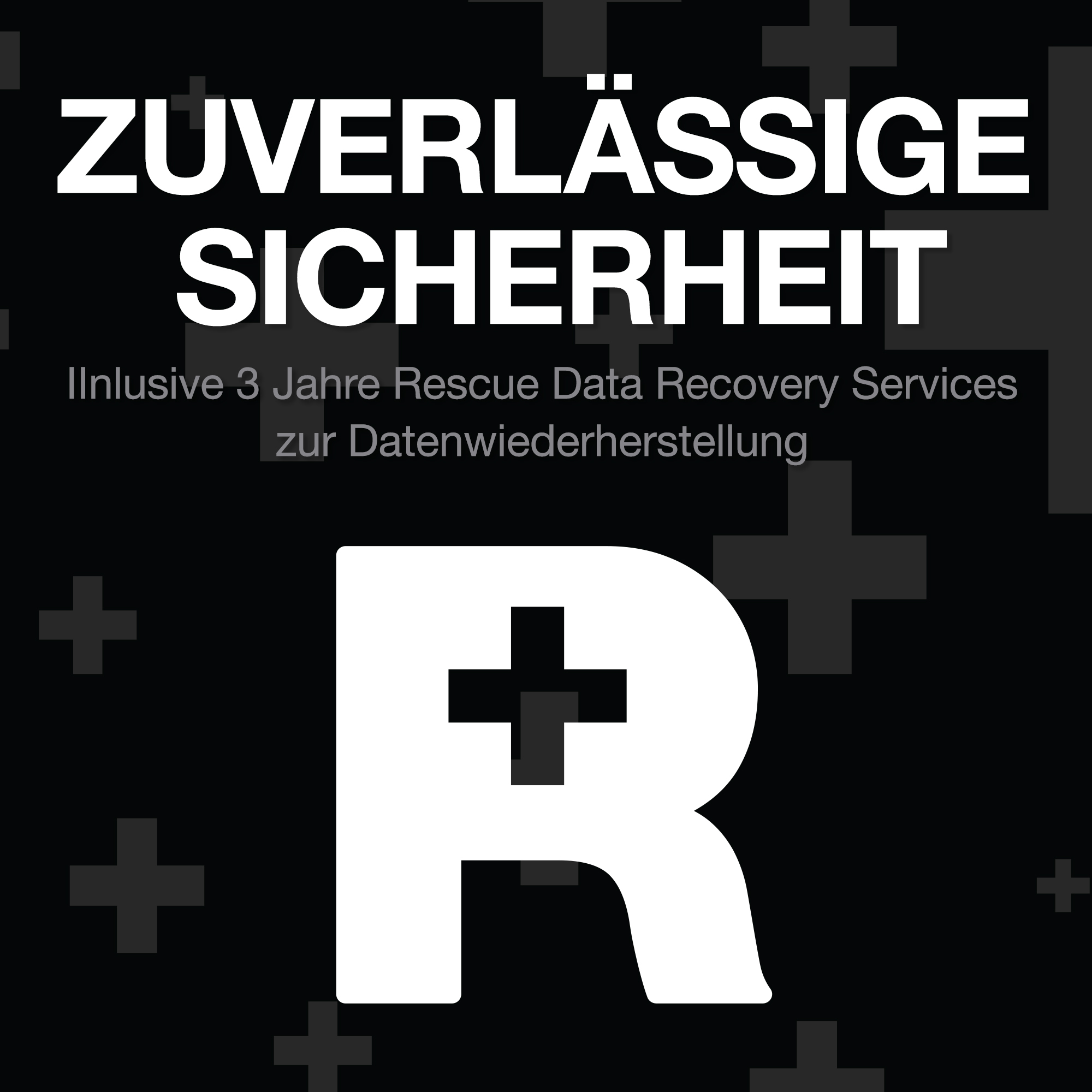 Schwarzer Hintergrund mit weißem Text: ZUVERLÄSSIGE SICHERHEIT. Großes weißes R mit Kreuz. Pluszeichen im Hintergrund.