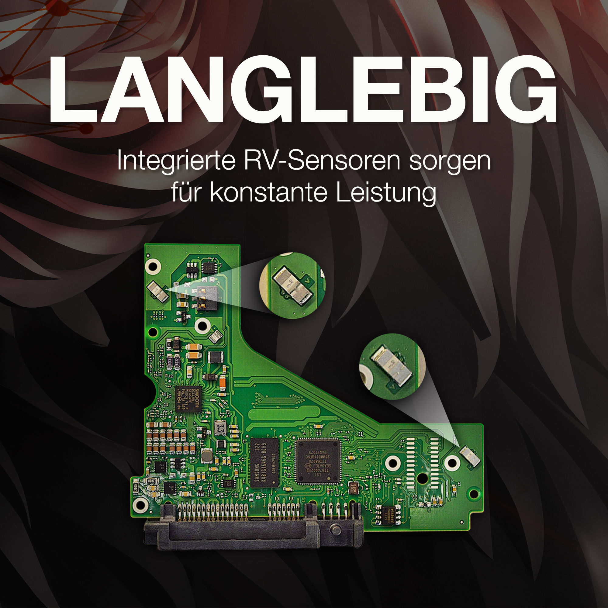 Grüne Platine mit Chips und Anschlüssen. Text: LANGLEBIG. Zwei vergrößerte Komponenten werden hervorgehoben.