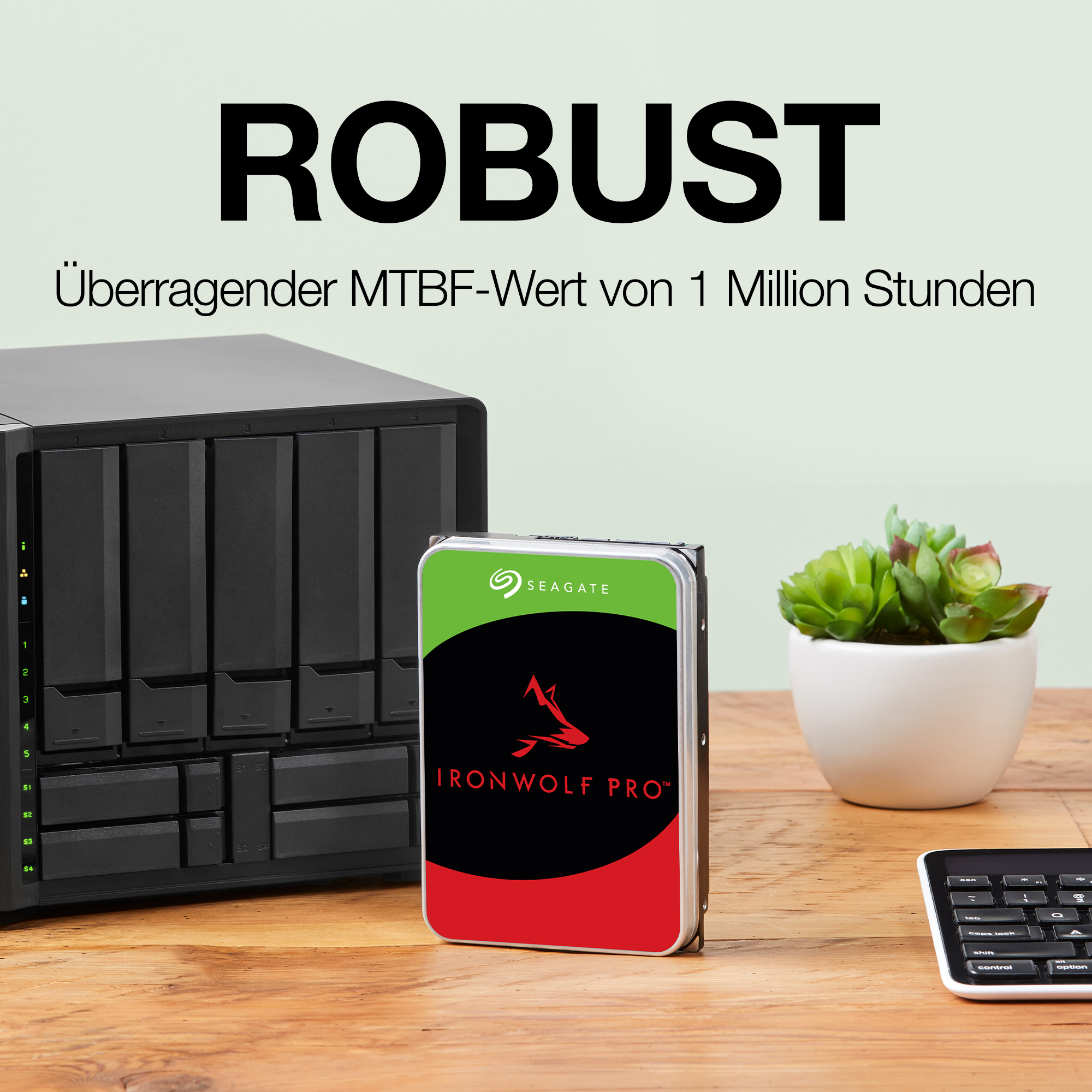 Das Bild zeigt Festplatten, ein NAS und eine Tastatur auf einem Holztisch. Text sagt "ROBUST" und "IRONWOLF PRO".