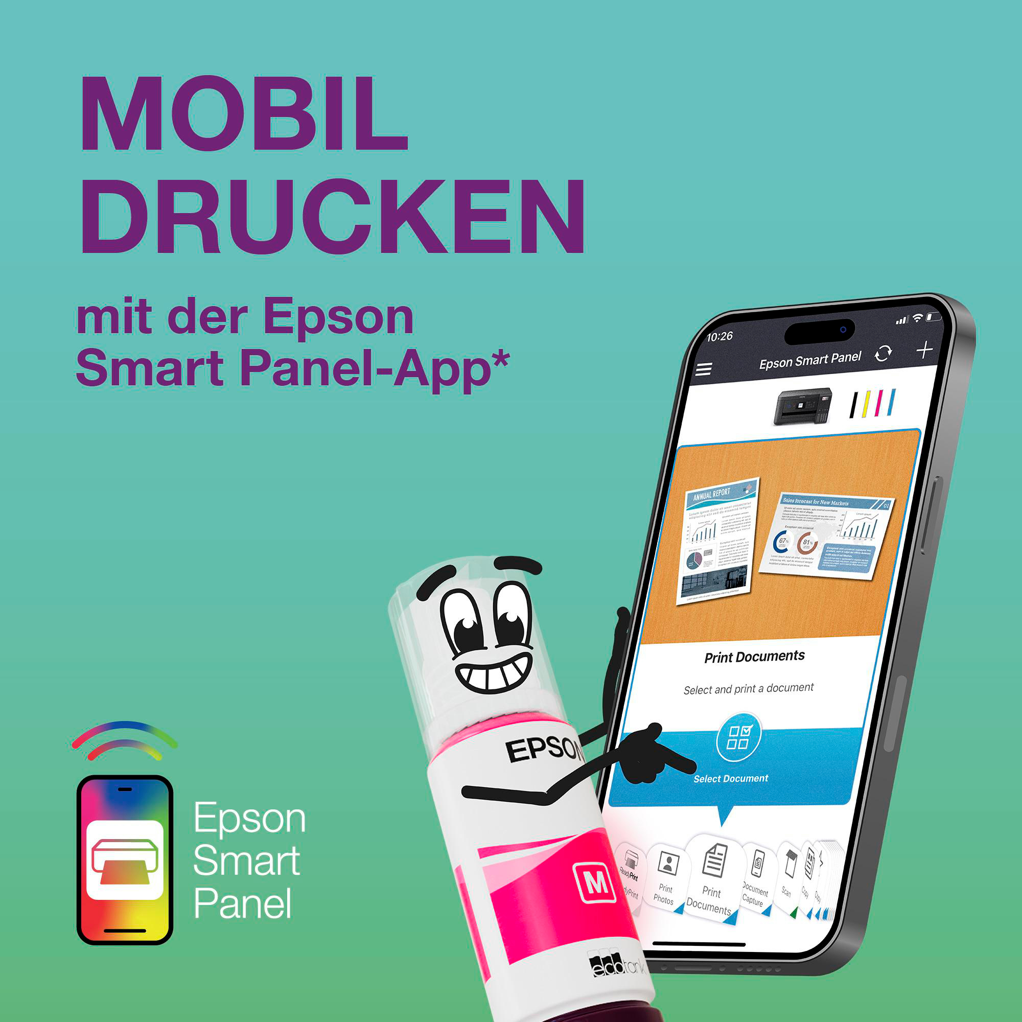 Eine Epson-Tintenflaschenfigur zeigt auf einen Telefonbildschirm, der das Drucken von Dokumenten über die Epson Smart Panel App zeigt.