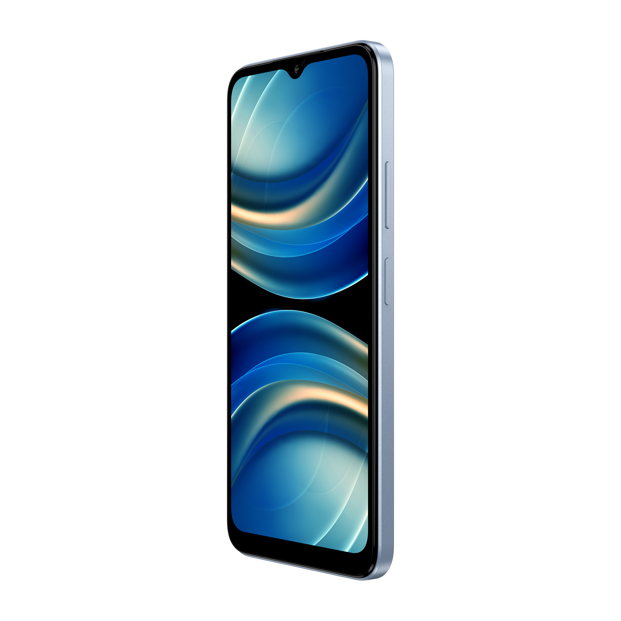 Mavi ve altın soyut tasarım gösteren, ekranı açık, açık mavi bir akıllı telefon. Yan düğmeler görünür, beyaz bir arka plan üzerinde.