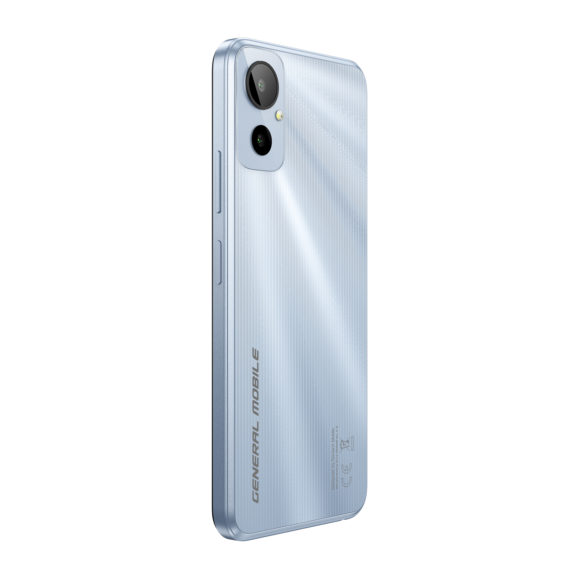 Açık mavi akıllı telefon. İki kamerası var, marka adı GENERAL MOBILE. Arka plan beyaz.