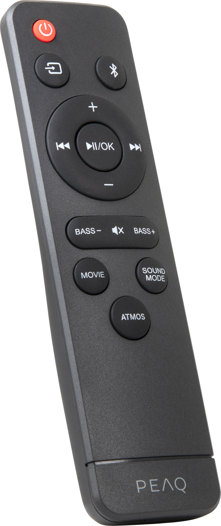 Egy sötétszürke távirányító, bekapcsoló, Bluetooth, hangerő, lejátszás/szünet, basszus, film és hangmód gombokkal.