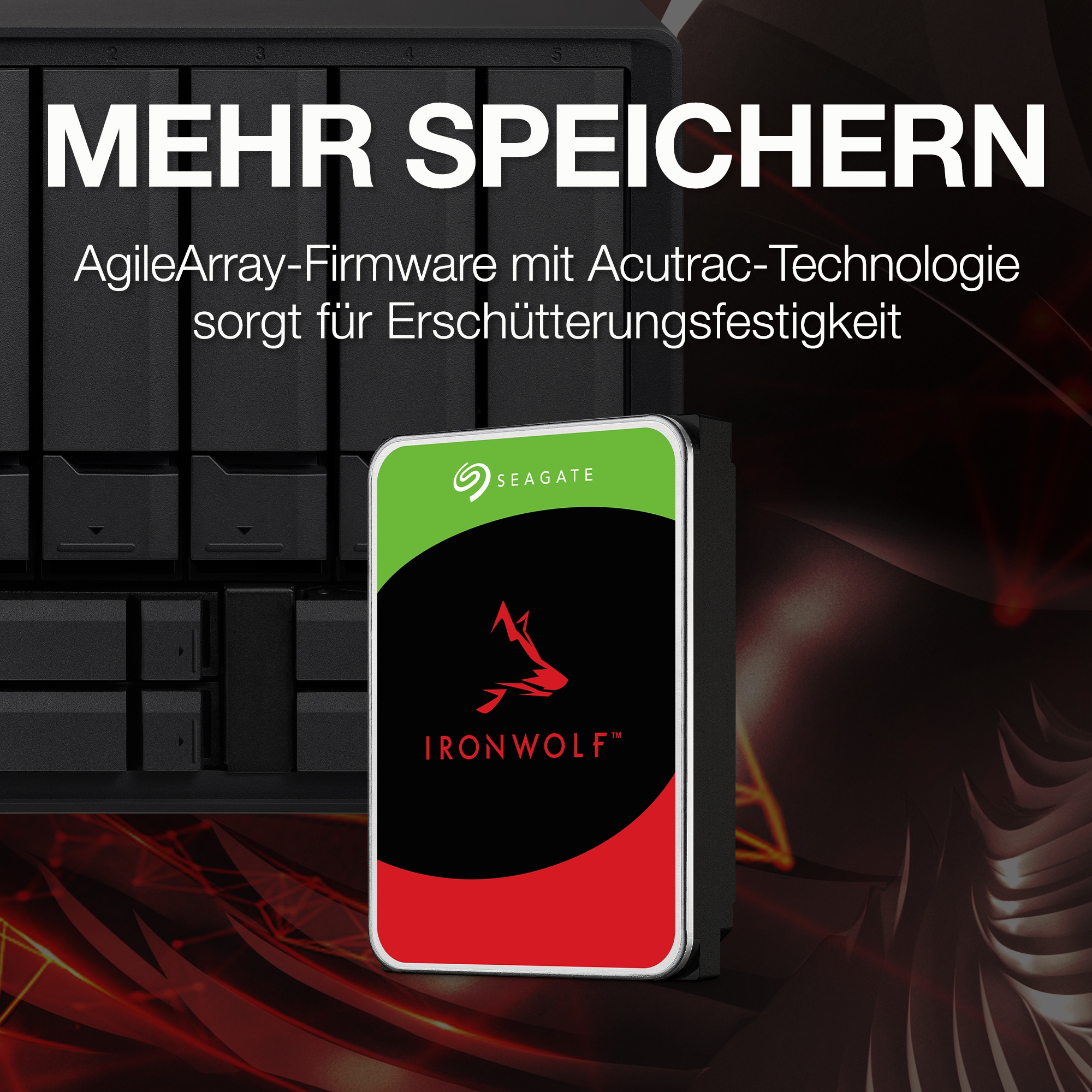 Eine Seagate IronWolf-Festplatte wird mit einem grünen Oberteil und einem roten Boden angezeigt. Der Text lautet 'MEHR SPEICHERN'.