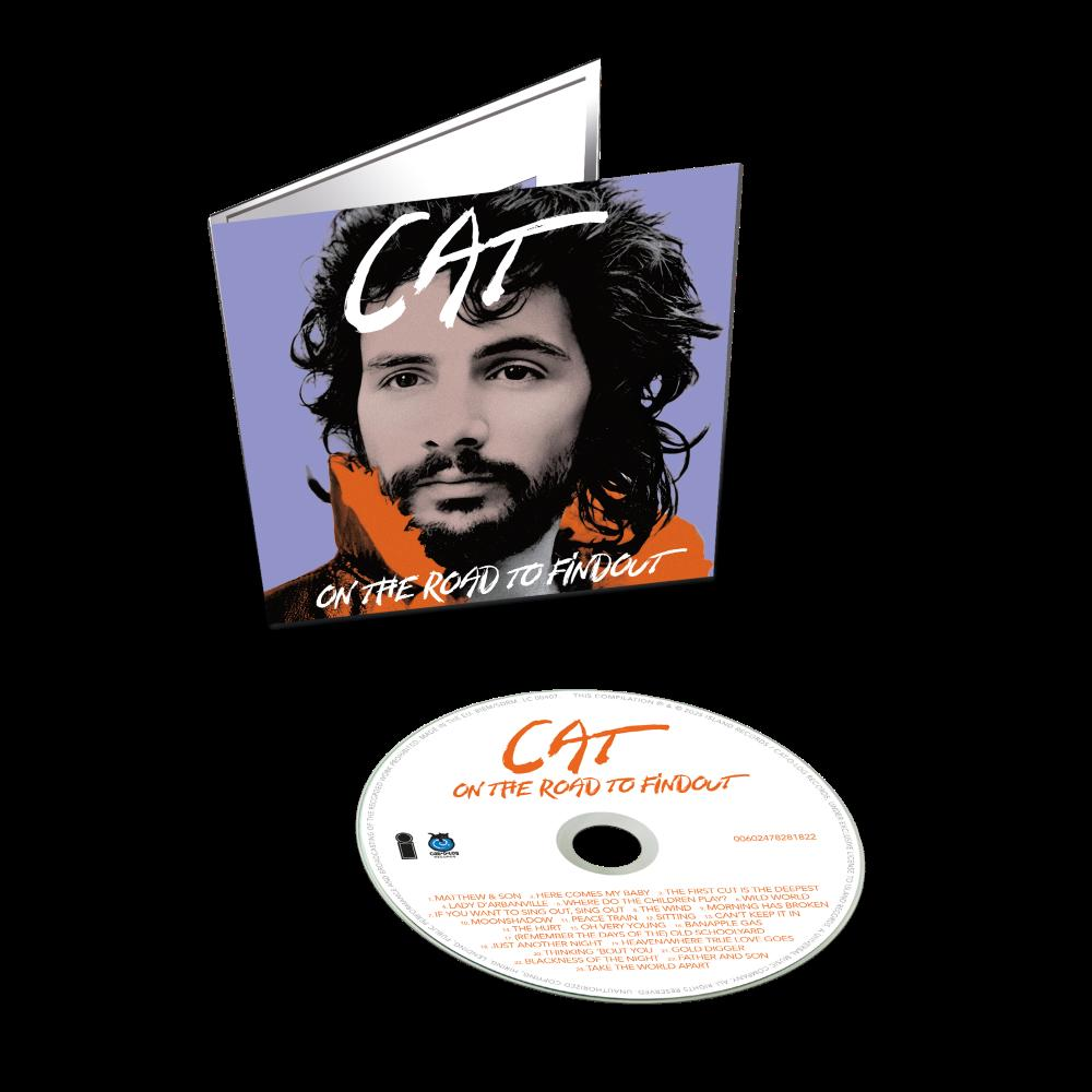 Albumcover mit Porträt des Künstlers, Titel 'On the Road to Findout' und CD mit sichtbarer Titelliste.