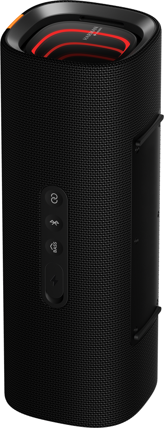 Ein schwarzer zylindrischer Lautsprecher mit orangefarbenen und roten Akzenten. Es hat Steuertasten und das Harman Kardon Logo.