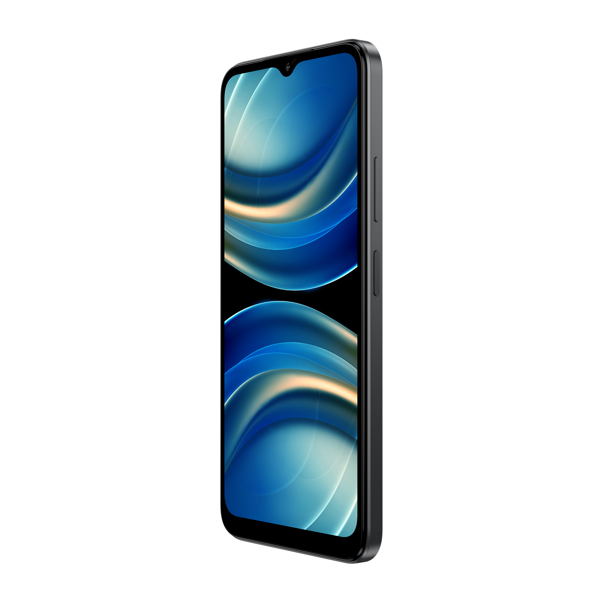 Siyah bir akıllı telefon açılı olarak görüntüleniyor, ekranında mavi ve beyaz soyut dalgalar var.