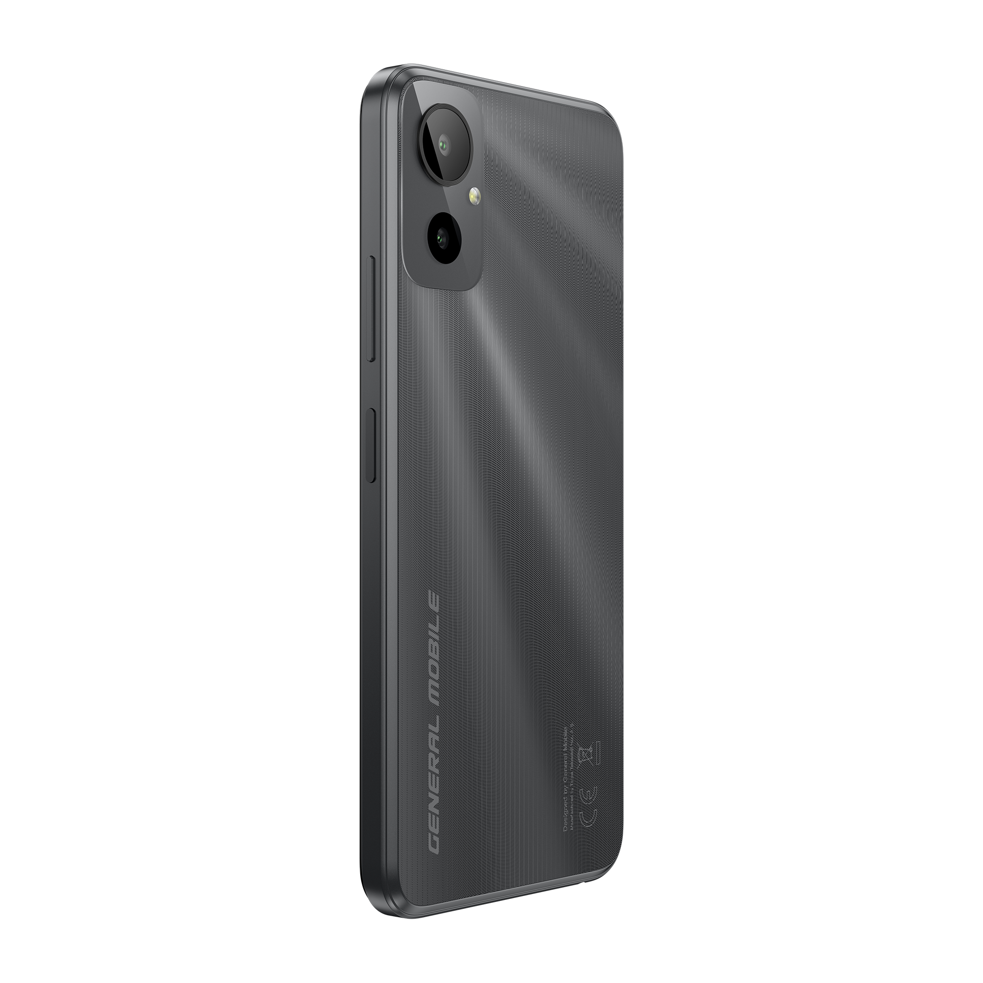 Koyu gri bir General Mobile akıllı telefon. Çift kamera kurulumu var ve marka adı dikey olarak basılmış.