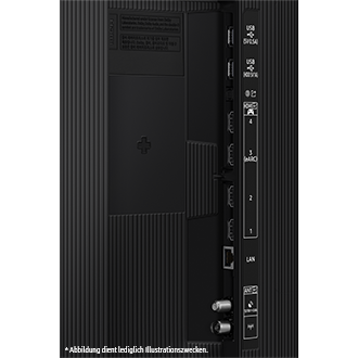 Nahaufnahme der Rückseite eines Fernsehers mit verschiedenen Anschlüssen wie USB, HDMI, LAN und Antenneneingang.