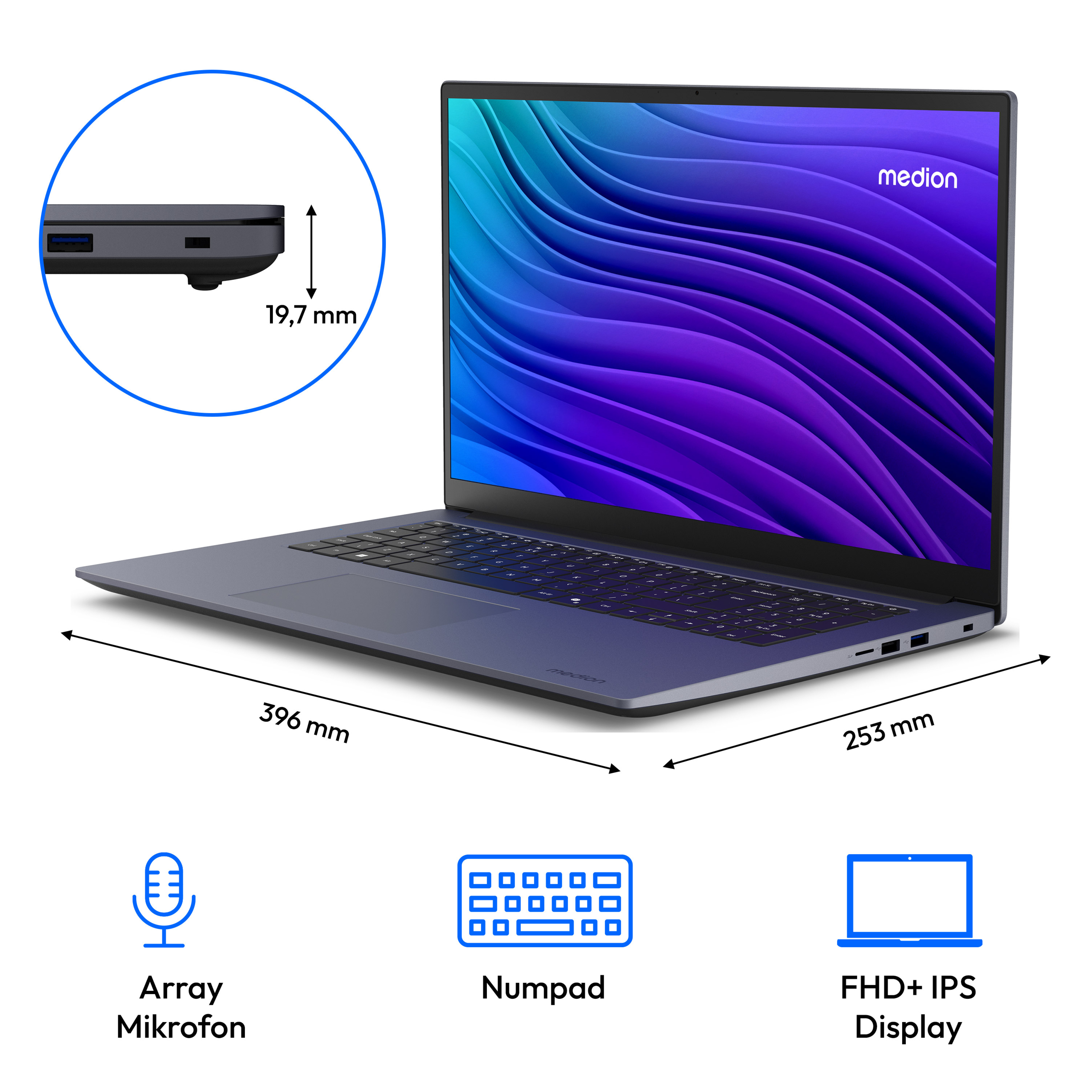 Ein Laptop mit blau-lila Bildschirm, Maßangaben und Symbolen für Mikrofon, Ziffernblock und Display.