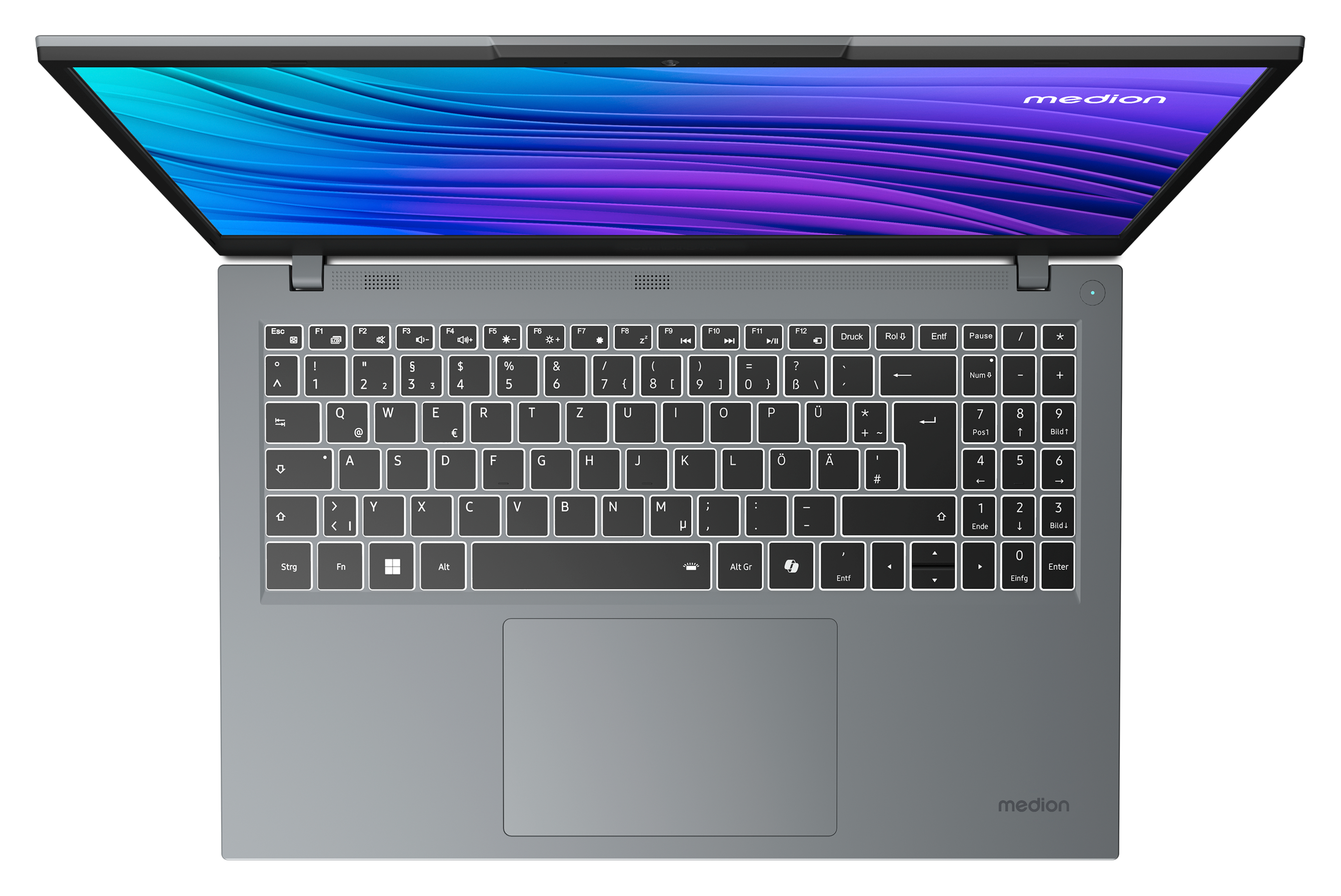 Laptop, Draufsicht, offen. Tastatur sichtbar. Bildschirm zeigt einen blau-violetten Farbverlauf. Medion-Logo unten.