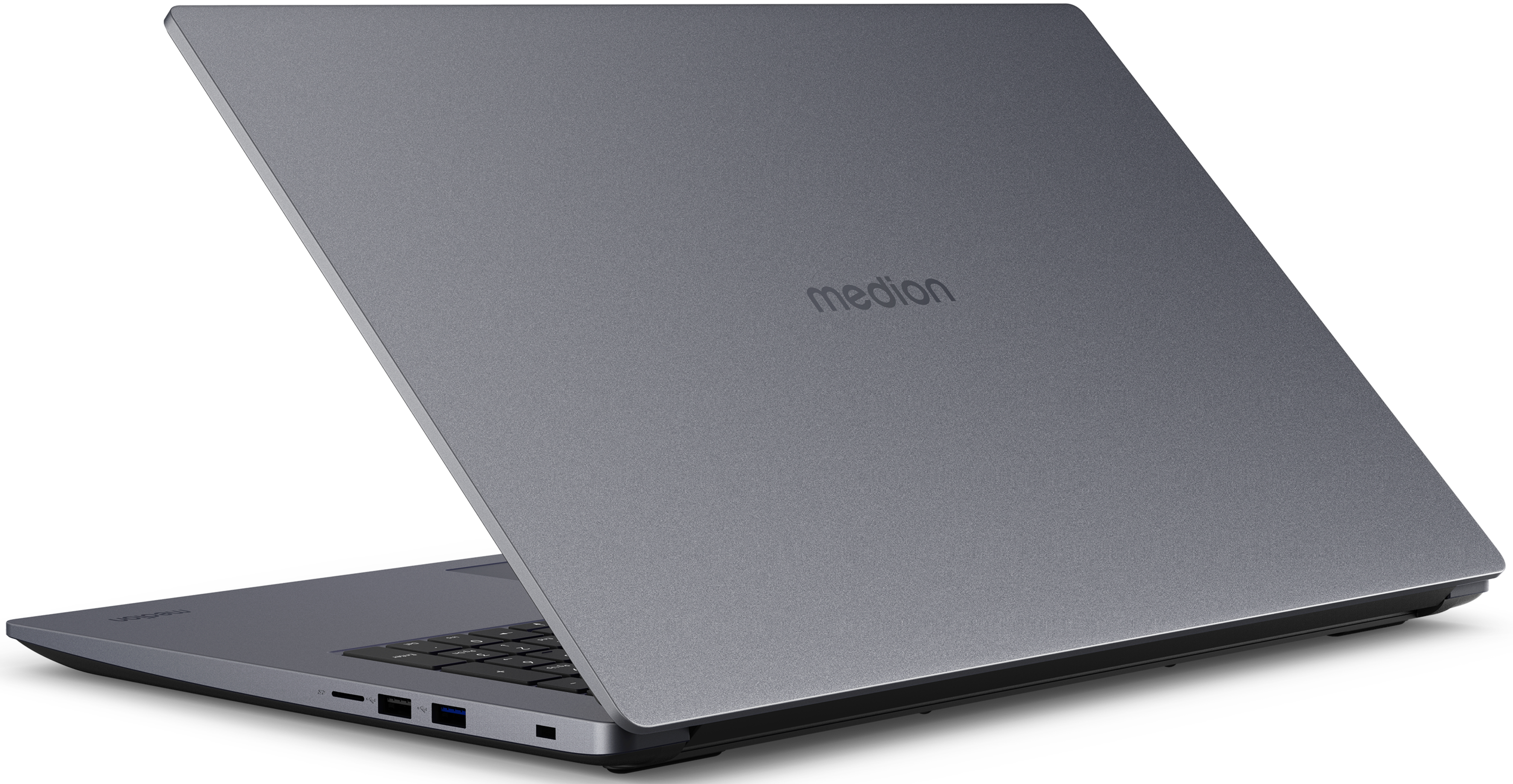 Ein grauer Medion-Laptop ist geöffnet. Der Deckel ist angehoben und zeigt die Tastatur und das Medion-Logo.