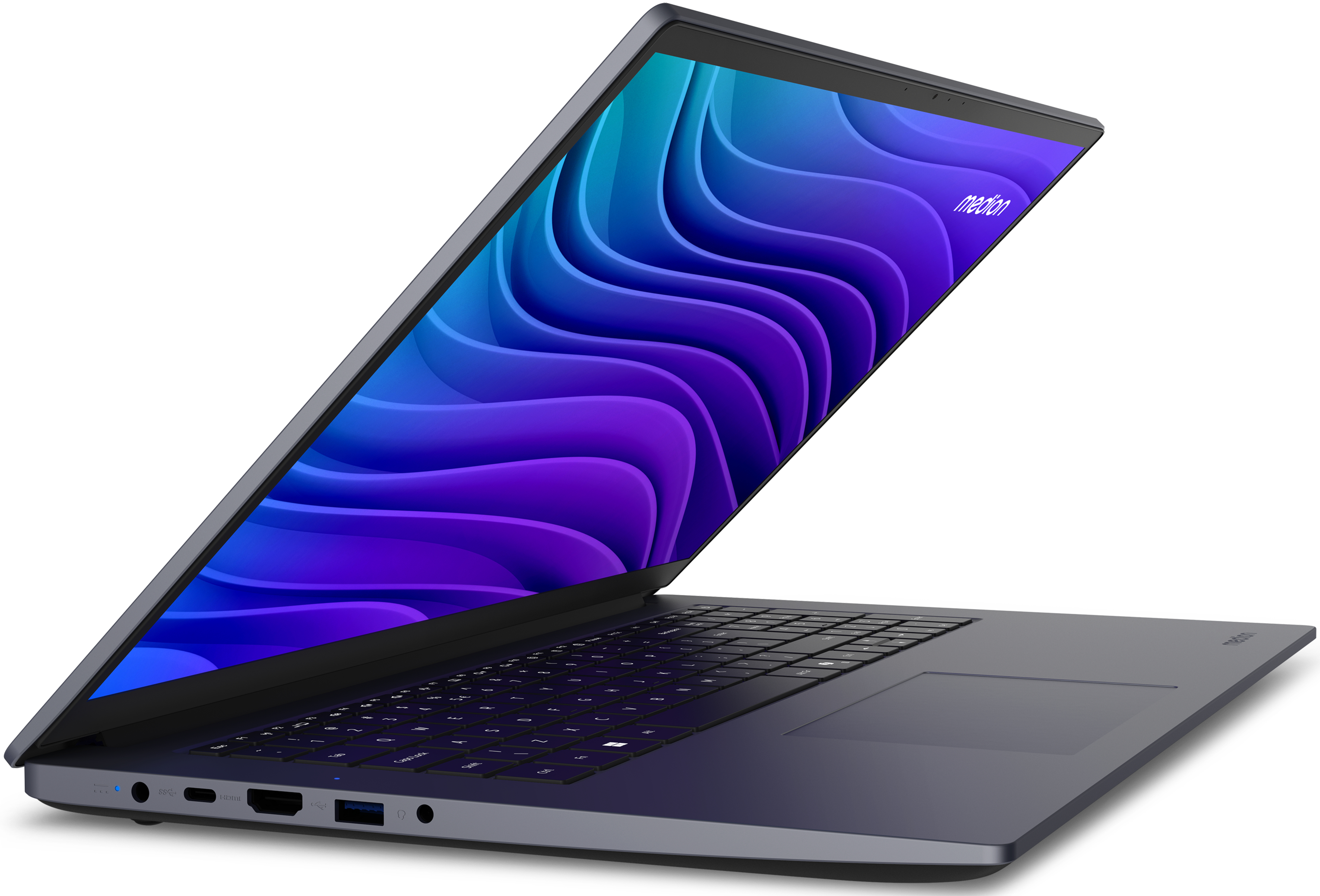 Ein Laptop mit einem Bildschirm, der blaue und violette Wellen zeigt. Der Laptop ist dunkelgrau, geöffnet und auf weißem Grund.