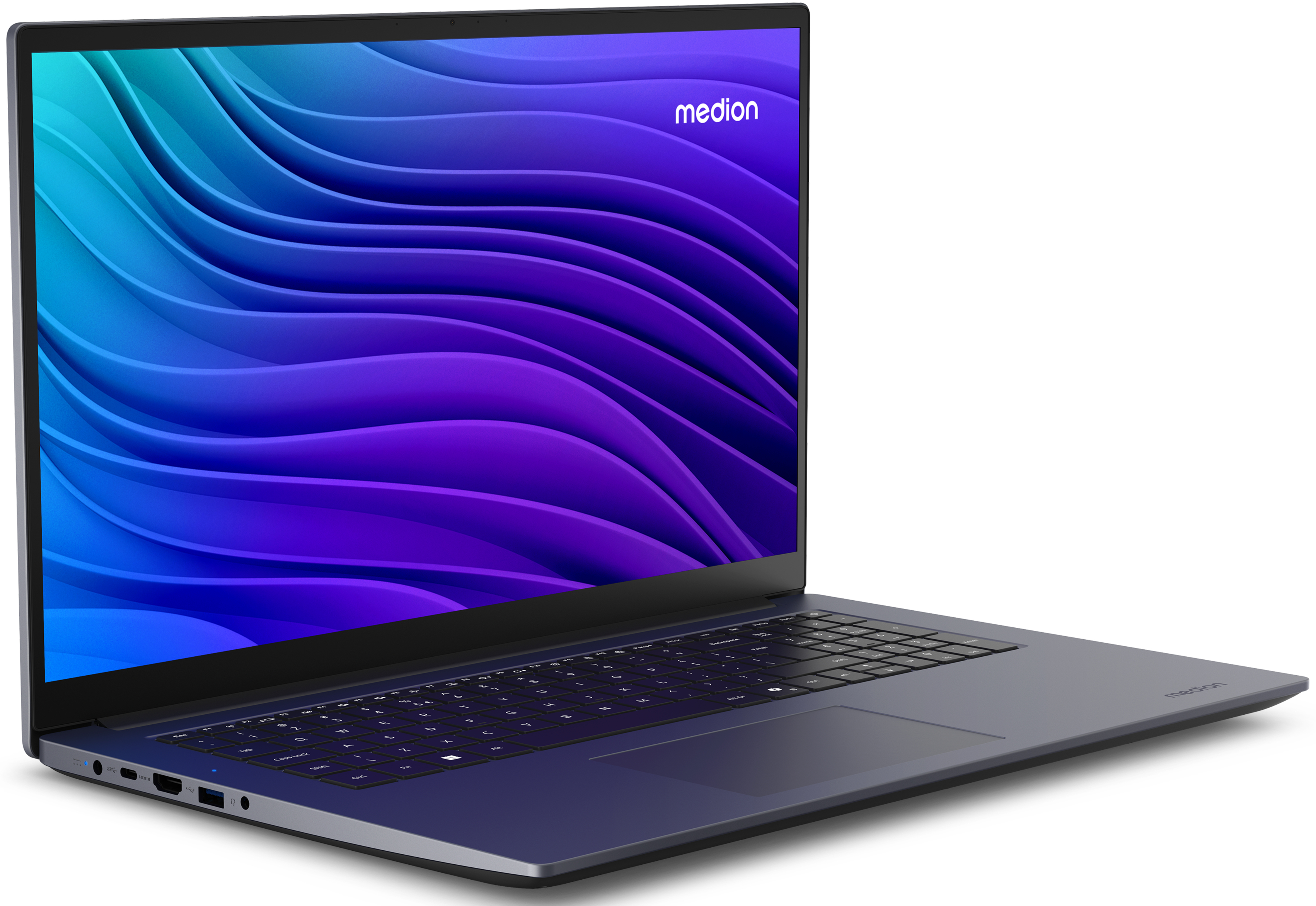 Ein Laptop mit farbenfrohem Wellendesign auf dem Bildschirm. Es hat eine Tastatur und ein Touchpad.