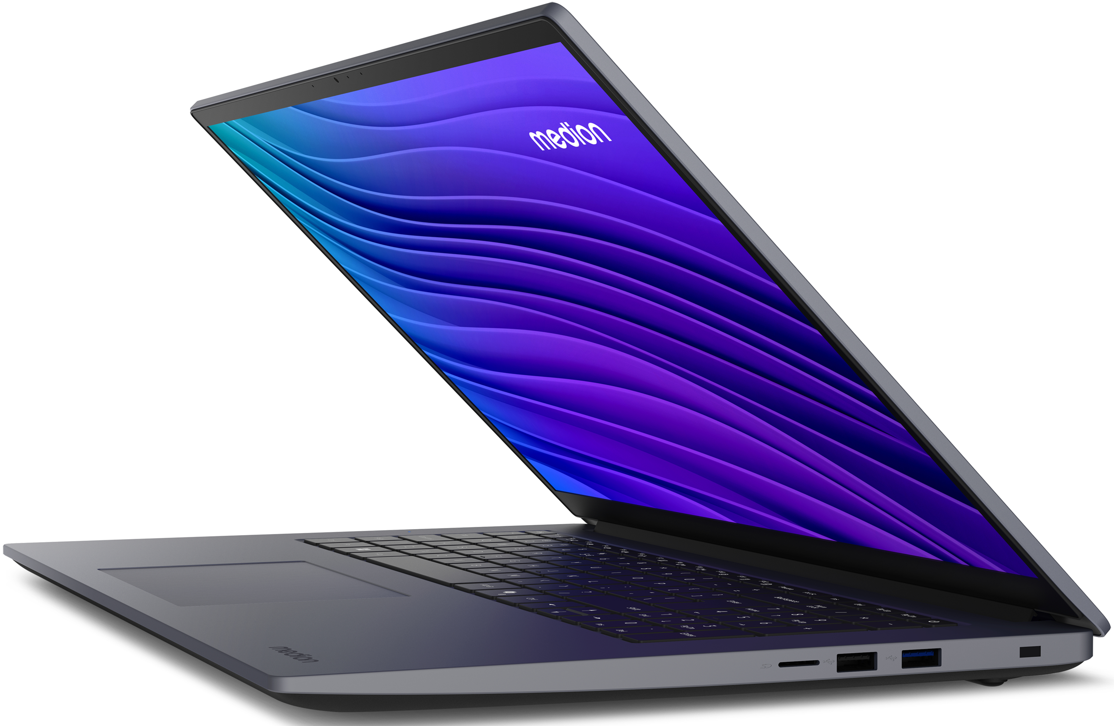 Ein grauer Medion-Laptop ist geöffnet und zeigt ein lila-blaues Wellendesign. Tastatur und Anschlüsse sind sichtbar.
