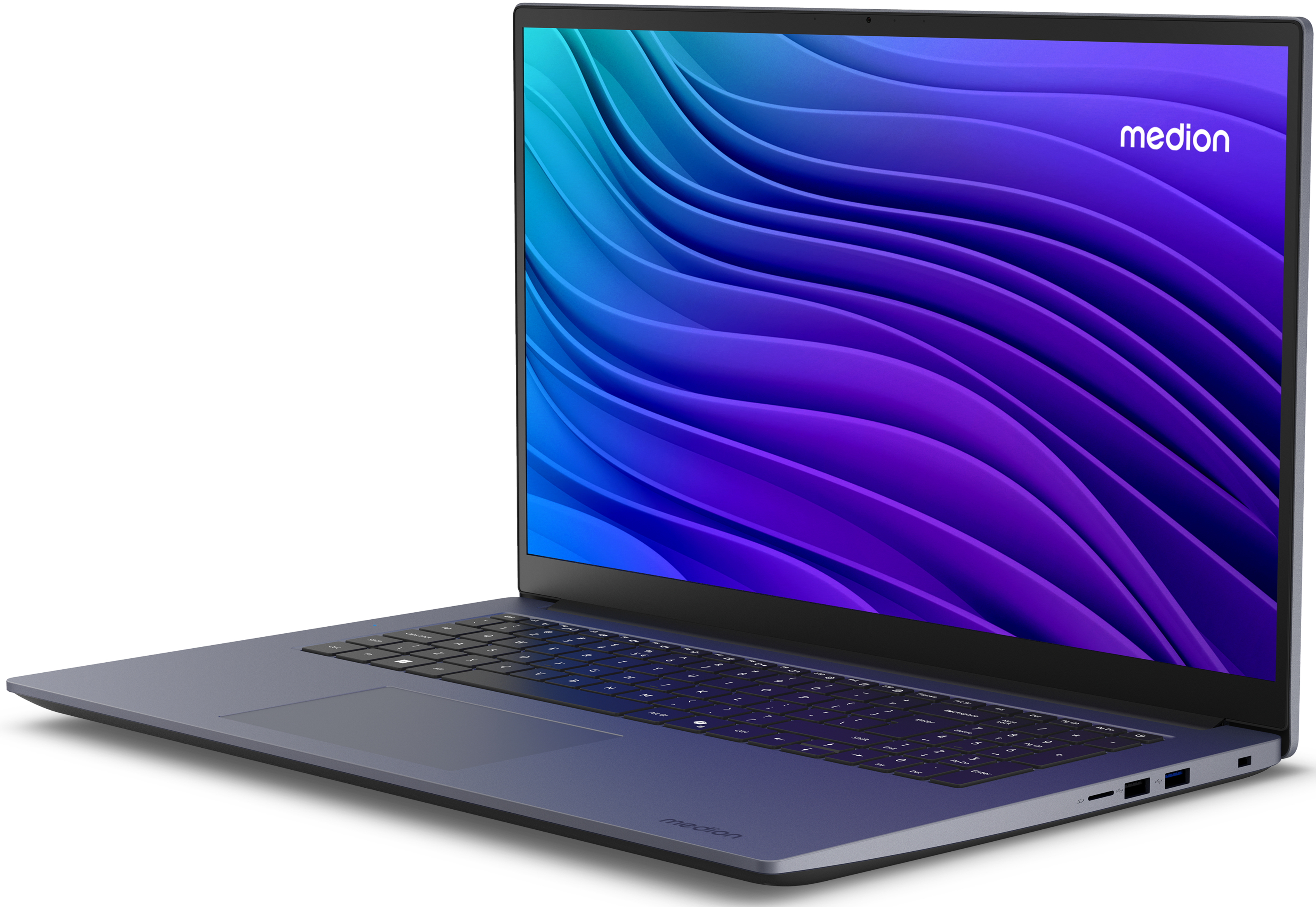 Blauer Laptop mit wellenförmigem, farbenfrohem Bildschirm. Medion-Logo auf Bildschirm und Basis.
