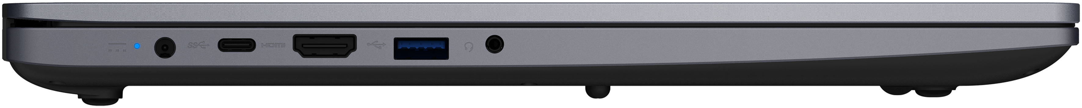 Nahaufnahme der Laptopseite mit Anschlüssen: Strom, USB-C, HDMI, USB 3.0, Audioanschluss. Grau-Schwarz-Farbschema.