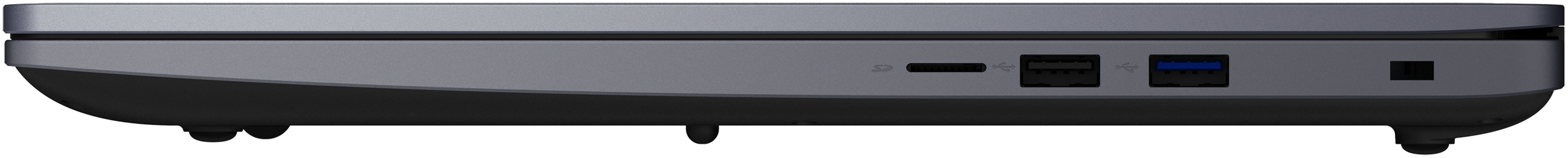 Seitenansicht eines grauen Geräts mit Anschlüssen: SD-Karte, USB, USB 3.0 (blau) und Stromanschluss. Es steht auf schwarzen Füßen.