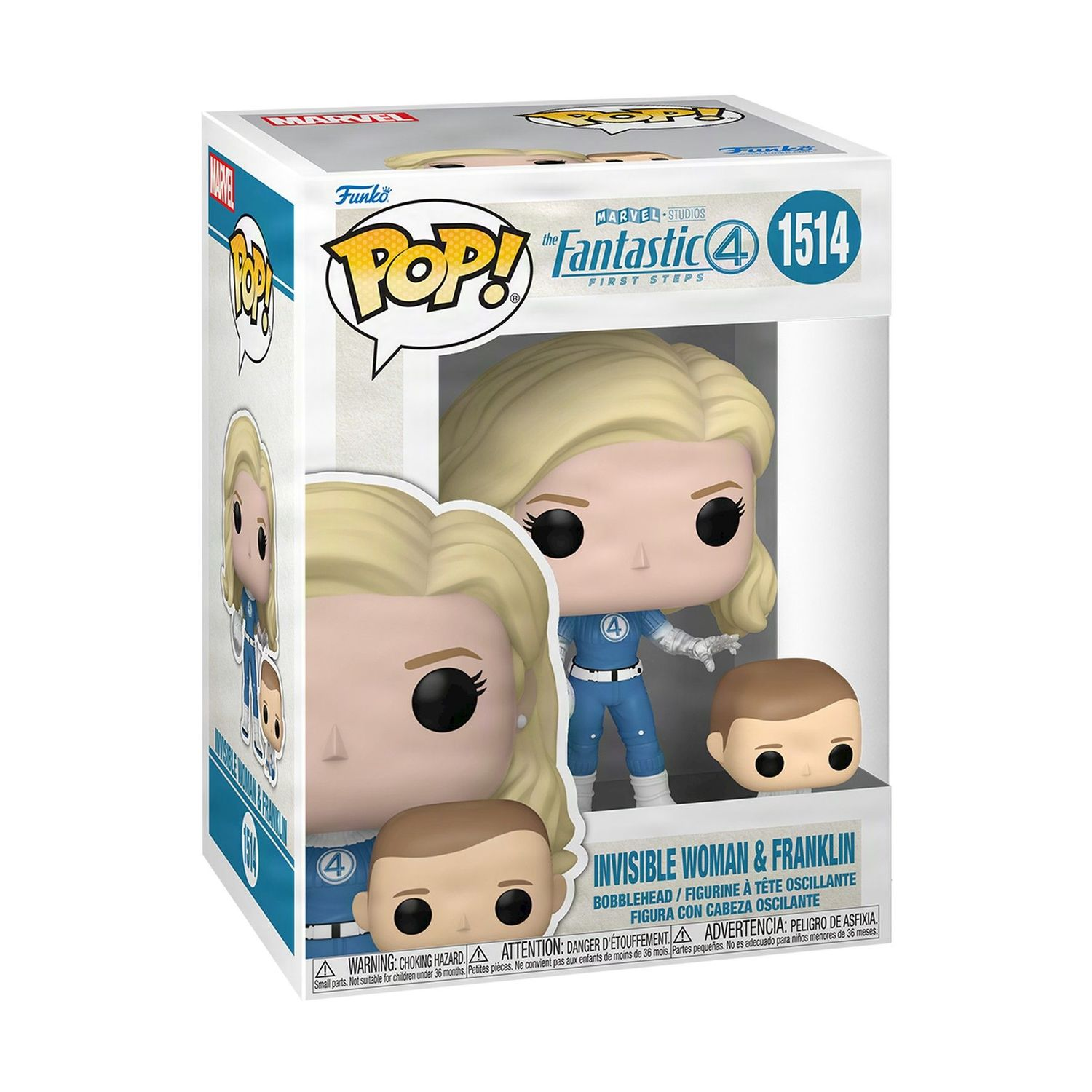 Una scatola Funko Pop con le figure di Invisible Woman e Franklin. La scatola mostra il logo dei Fantastici Quattro e un'avvertenza per le piccole parti.
