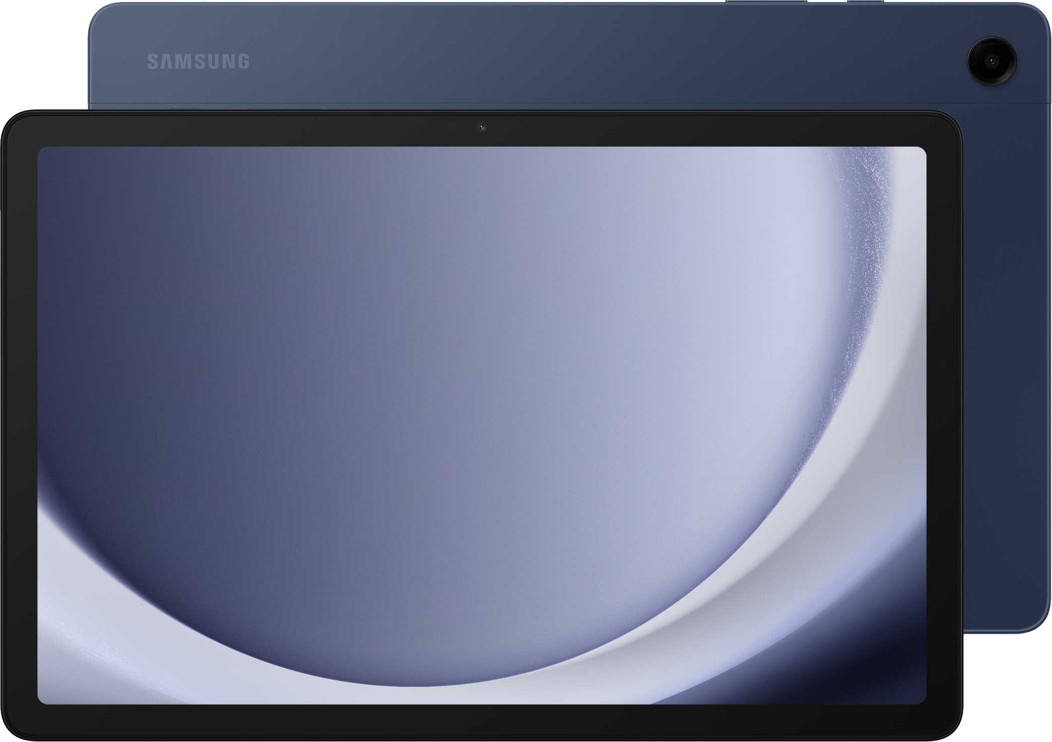 Két kék Samsung tablet van megjelenítve. Az elülső tableten egy ívelt fehér dizájnnal rendelkező képernyő látható. A hátsó tablet szögben van.