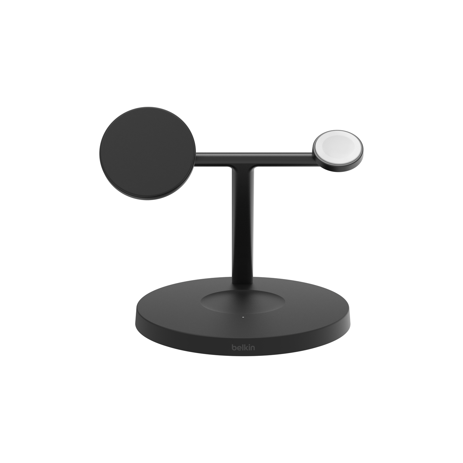 Support de chargement noir avec base et bras circulaires. Un bras a un socle de chargement, l'autre un chargeur de montre. Fond blanc.