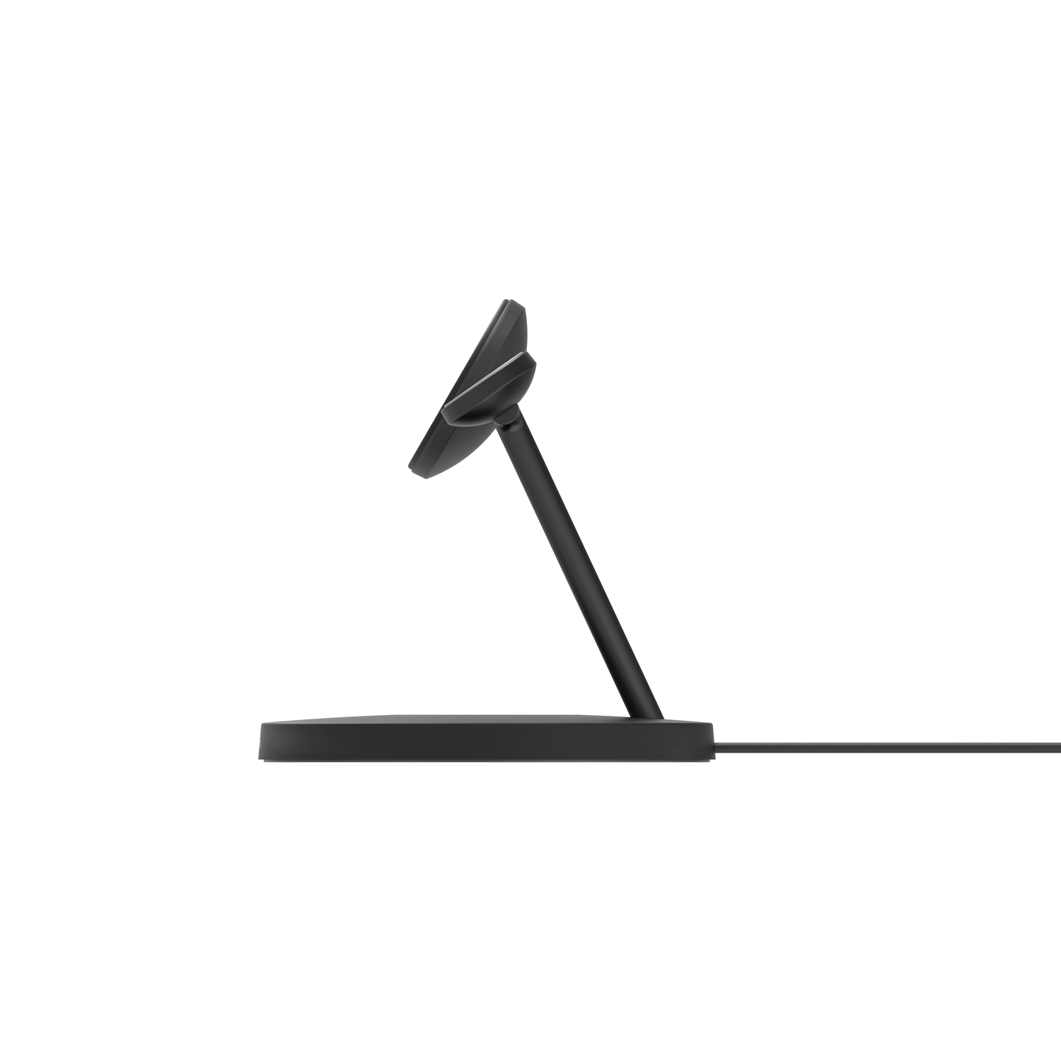Support de charge noir sur fond blanc. Il a un dessus circulaire, un support incliné et une base rectangulaire avec un câble.