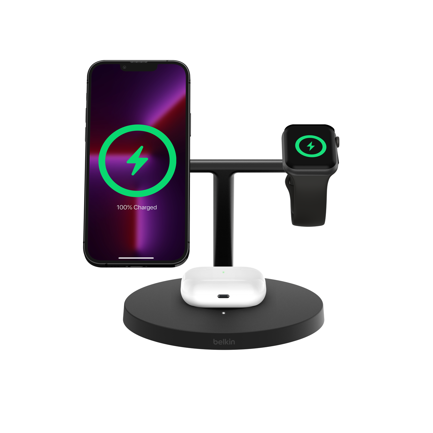 Station de charge avec téléphone, montre et écouteurs. Le téléphone affiche 100% chargé. Les appareils sont noirs et blancs.