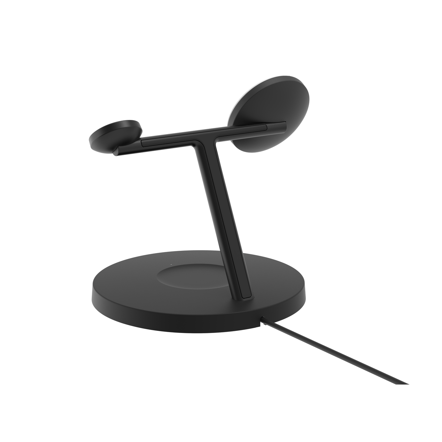 Station de charge noire sur fond blanc. Elle a une base circulaire, une tige centrale et deux socles de charge. Un câble est connecté.