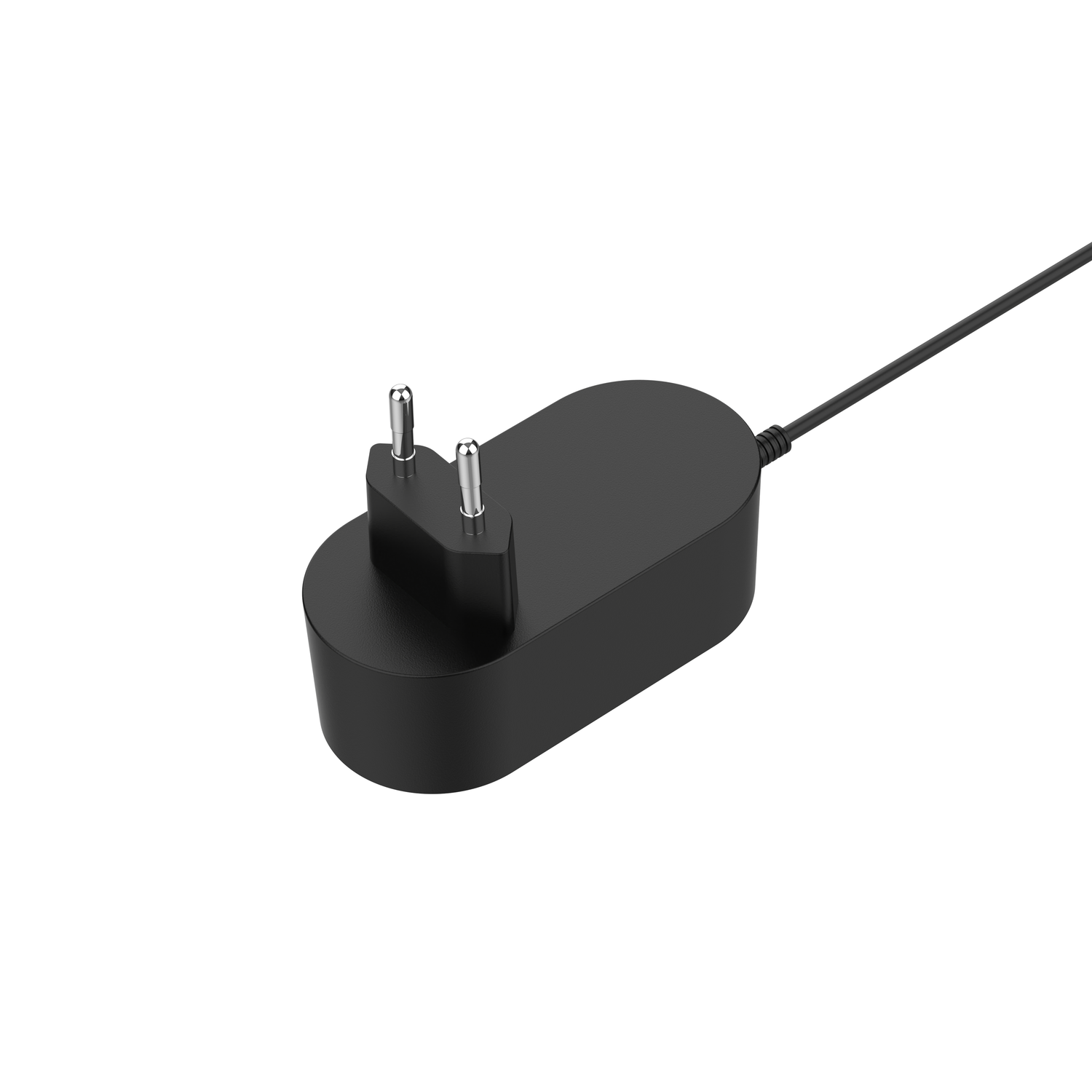 Un adaptateur secteur noir avec deux broches métalliques sur fond blanc. Un câble noir part de l'adaptateur.
