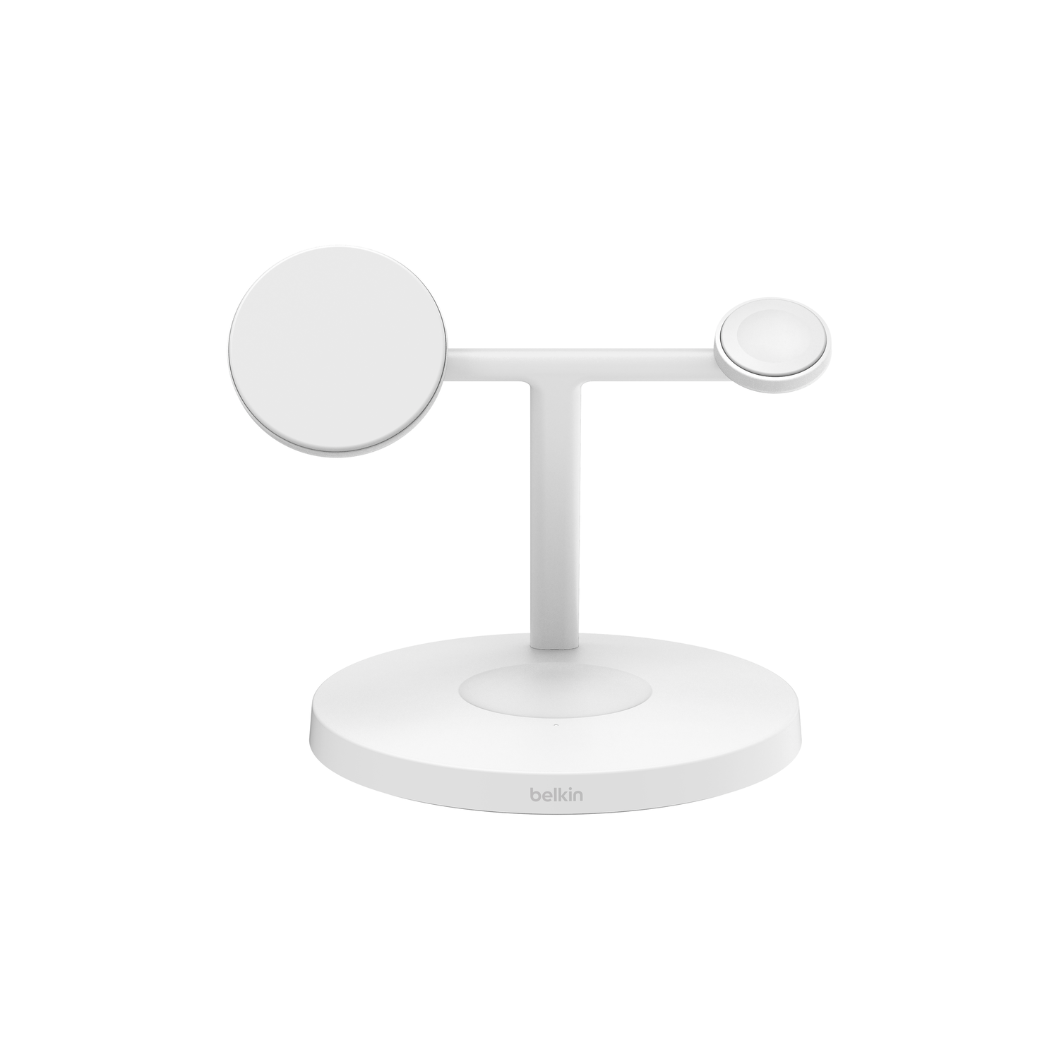Un support de charge Belkin blanc. Il a une base circulaire, un bras en forme de T avec deux socles de charge pour téléphone et montre.