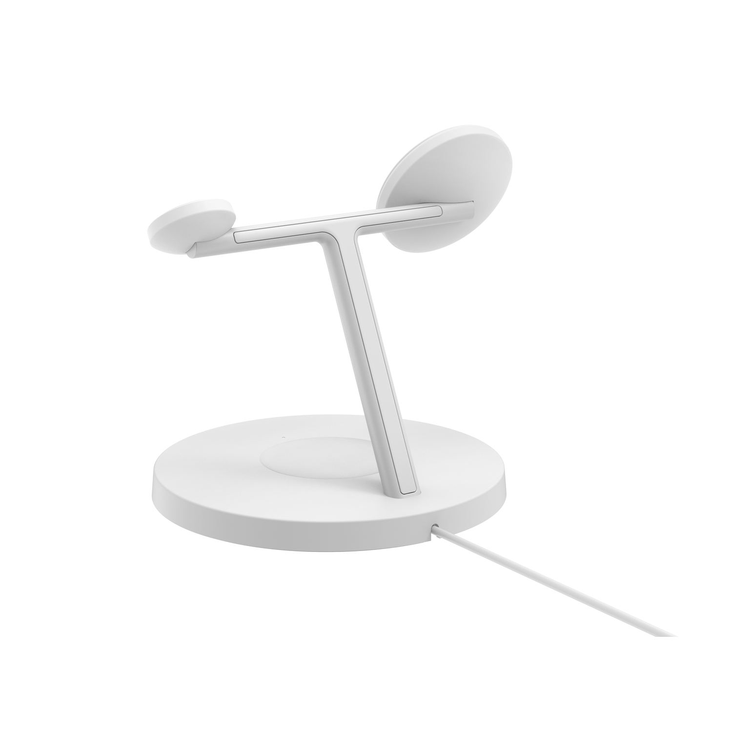 Une station de recharge sans fil blanche avec une base circulaire, un support central et trois socles de recharge. Un câble blanc part de la base.