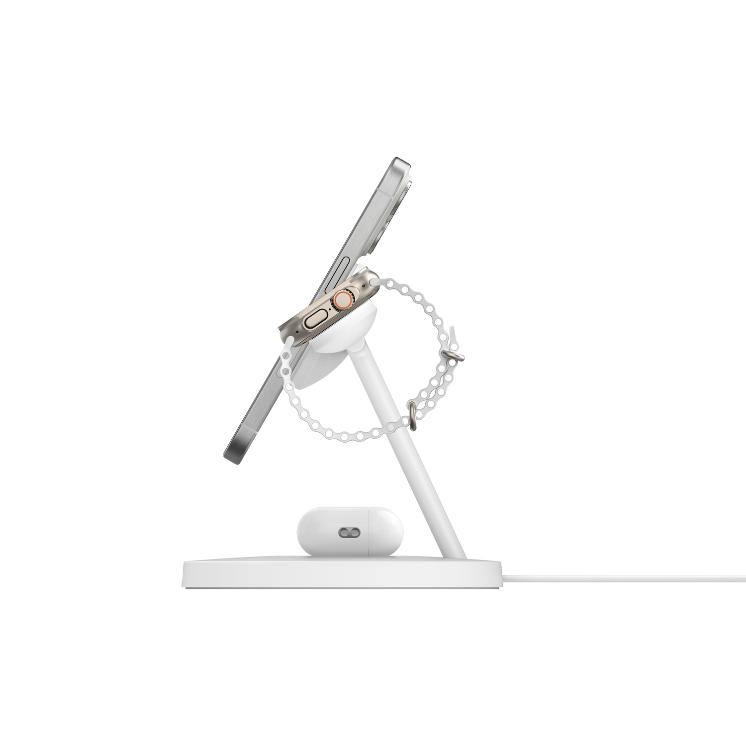 Un support de charge blanc avec un iPhone, une Apple Watch et des AirPods. Le support a un design épuré et minimaliste avec un câble blanc.