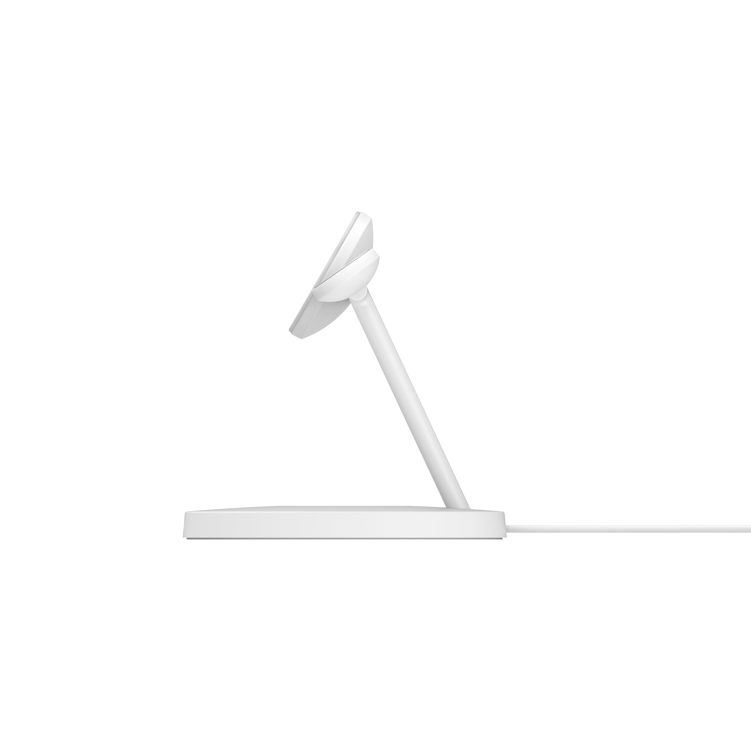Un chargeur sans fil blanc. Il possède une base, un support et un socle de chargement circulaire. Un câble blanc s'étend de la base.
