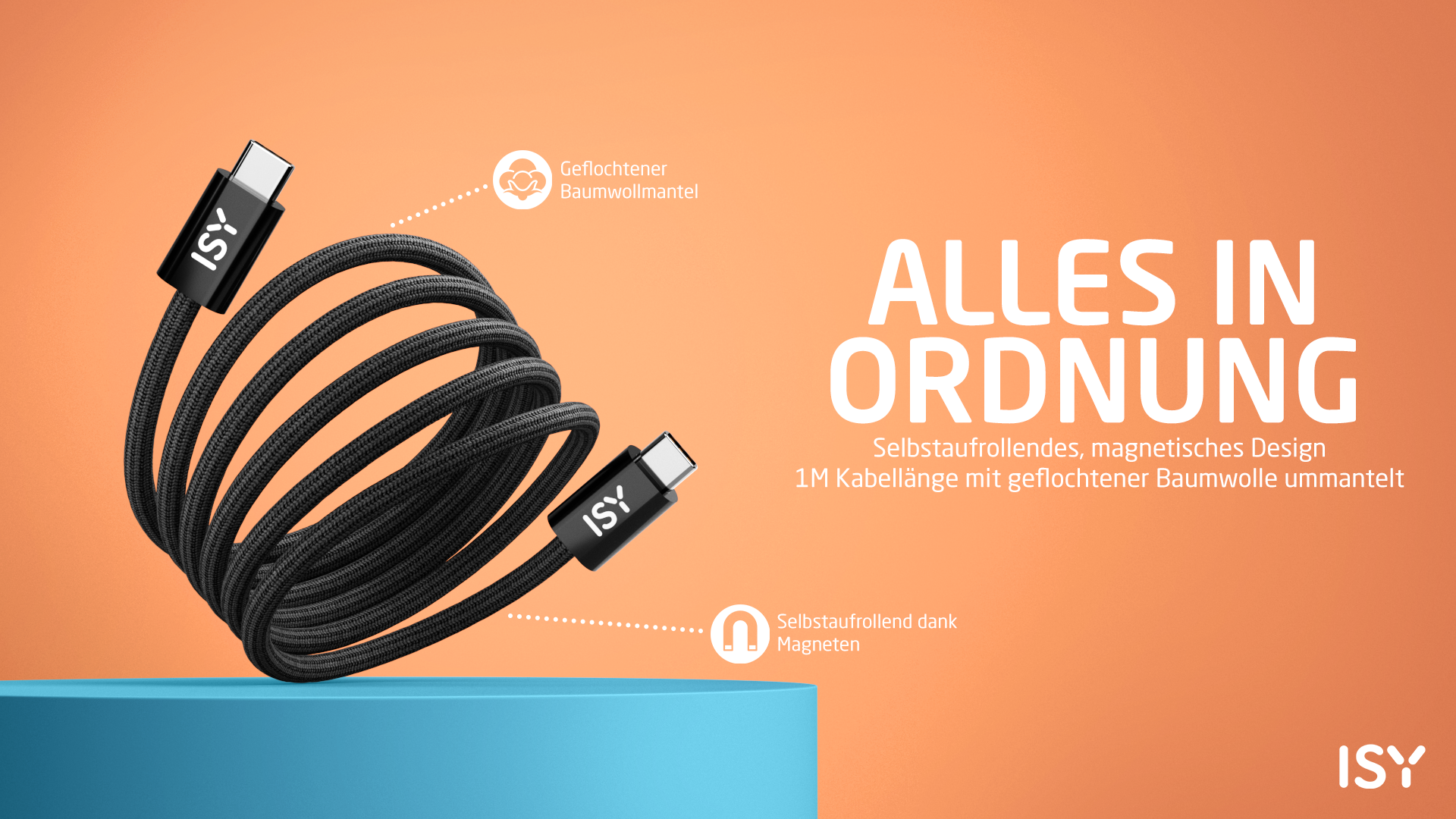 Ein schwarzes USB-C-Kabel mit ISY-Logo, auf einer blauen Oberfläche vor orangefarbenem Hintergrund. Text: "ALLES IN ORDNUNG".