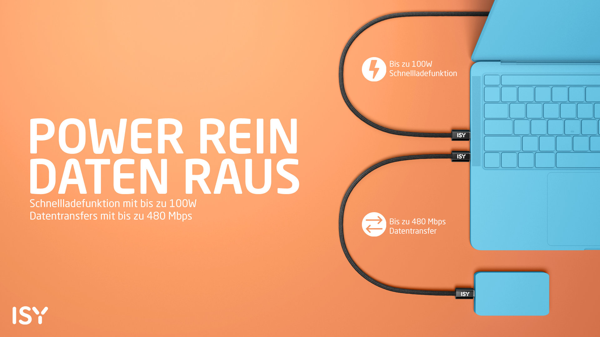Orangefarbener Hintergrund mit blauem Laptop und Kabeln. Text: Power rein, Daten raus. Zeigt Laden und Datenübertragung.