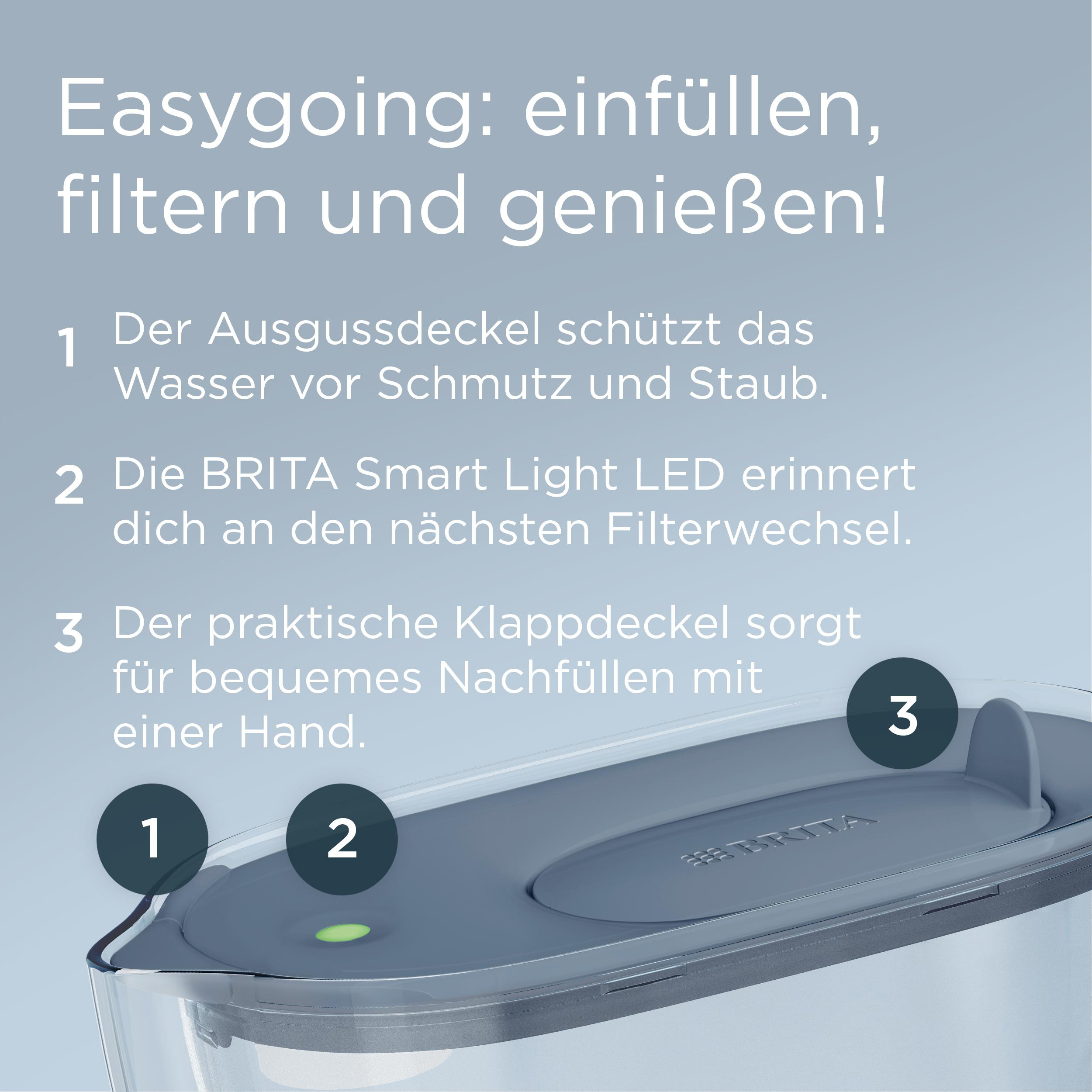 Ein Wasserfilter mit grauem Deckel und den Ziffern 1, 2 und 3. Text erklärt die Filtermerkmale.