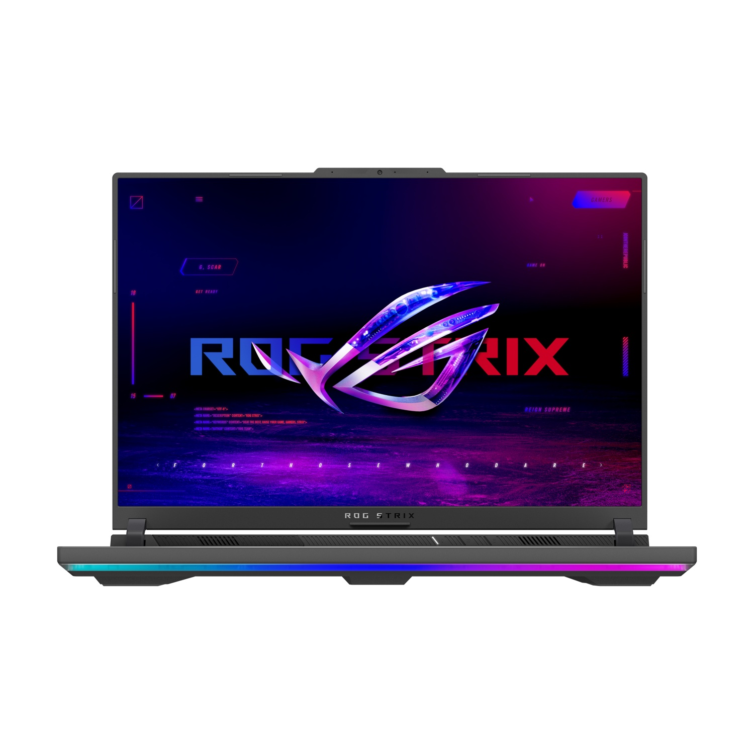 Laptop con logo ROG Strix sullo schermo. Design colorato con le parole ROG Strix e Reign Supreme.
