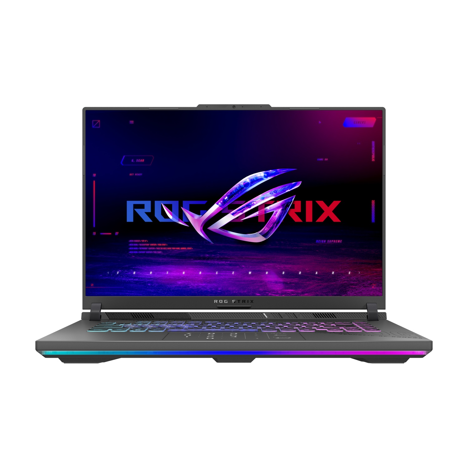 Un laptop con luci RGB sulla tastiera e sulla base. Lo schermo mostra il logo e il testo 'ROG STRIX'. Lo sfondo è viola scuro e blu.