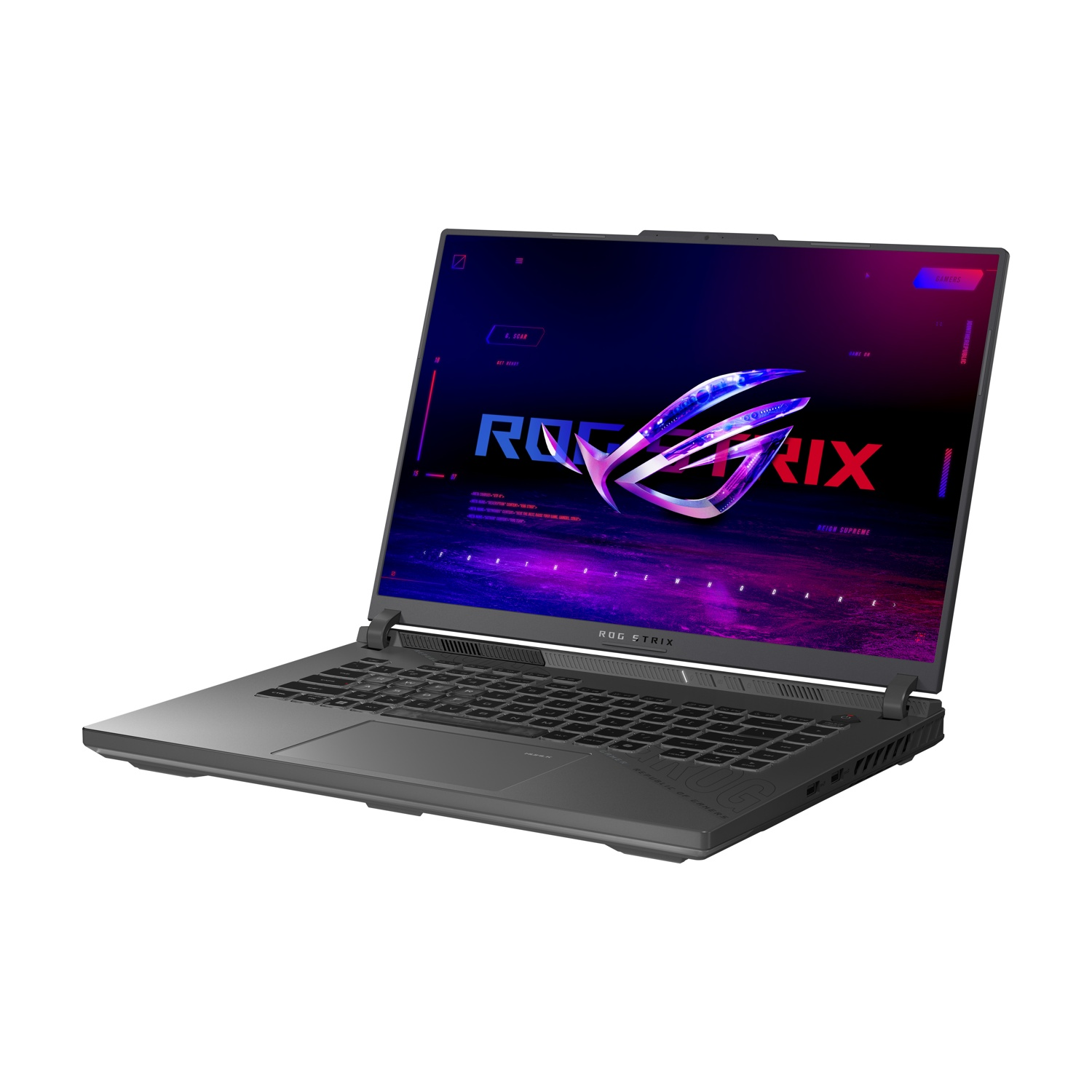 Un laptop grigio è aperto. Lo schermo mostra un logo con una sfumatura di blu, rosa e viola. La tastiera è visibile.