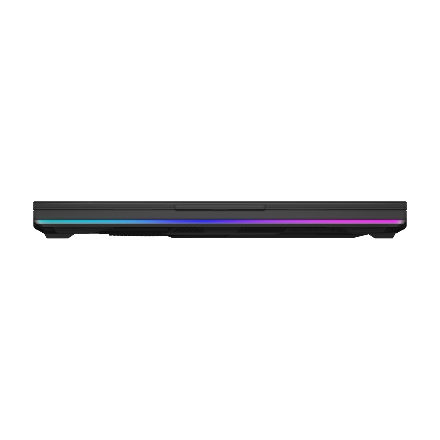 Un laptop nero, visto di lato, con una striscia luminosa colorata lungo il bordo inferiore, su sfondo bianco.