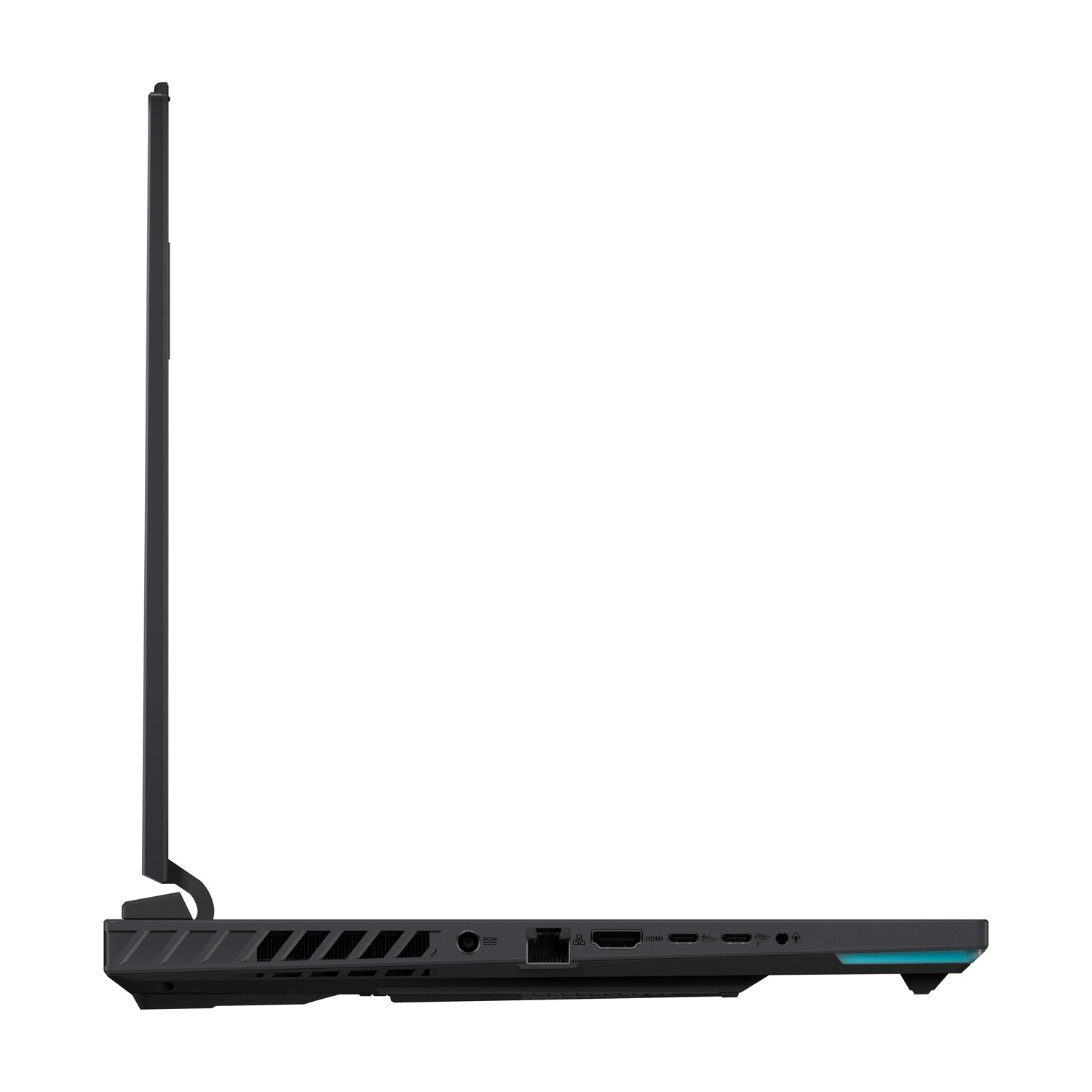 Vista laterale di un laptop nero con schermo aperto. Porte: HDMI, USB-C e jack audio. Accenti blu sul retro.