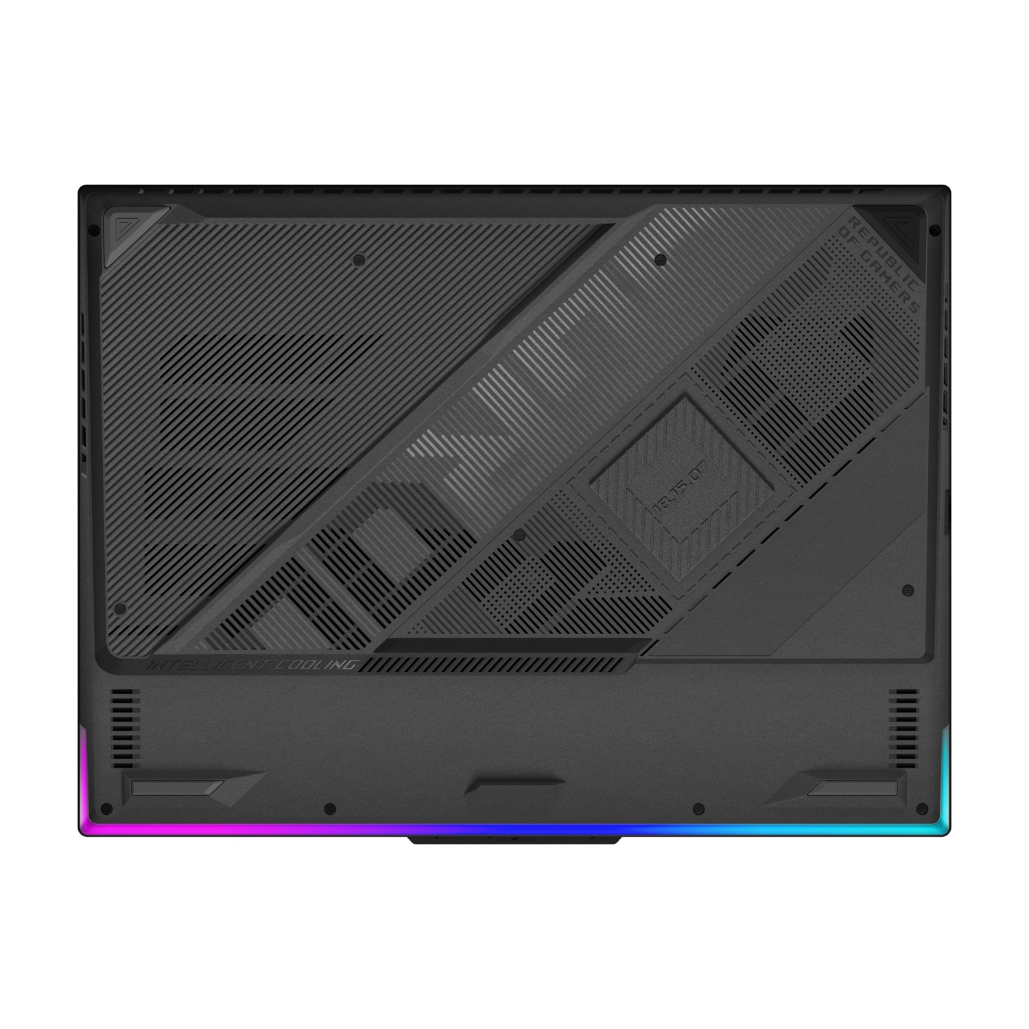 Base per laptop nera con superficie strutturata, prese d'aria e illuminazione RGB. Logo ROG visibile.