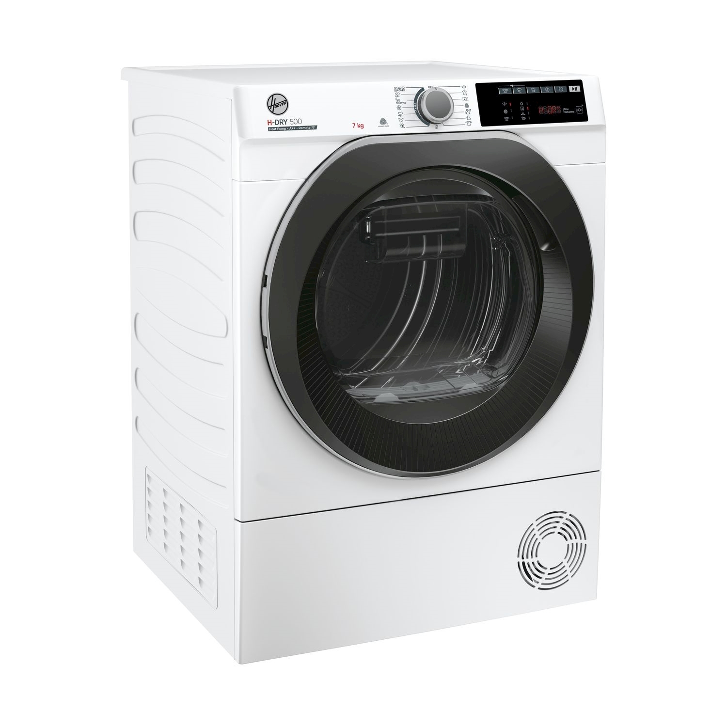 Un'asciugatrice Hoover H-DRY 500 bianca. Ha una porta e un pannello di controllo neri. Il display mostra le impostazioni e la capacità è di 7 kg.