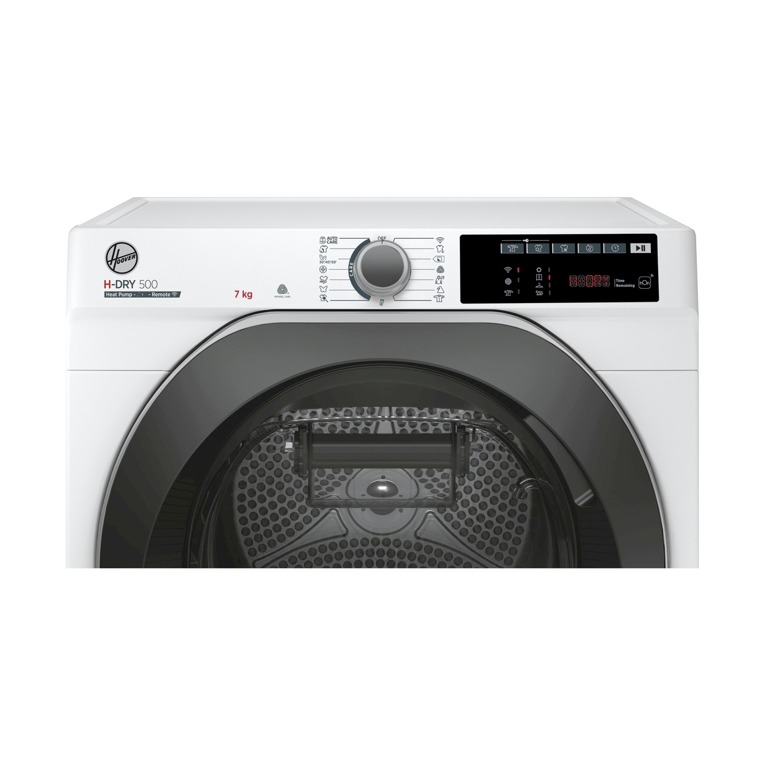 Un'asciugatrice Hoover H-DRY 500 bianca. Ha una porta nera e un pannello di controllo con pulsanti e un selettore.