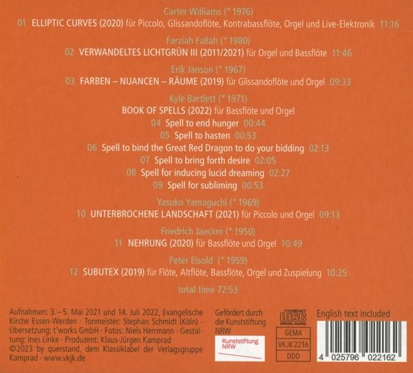 Ein CD-Cover mit Text, der musikalische Kompositionen, Zeiten und Credits auflistet, mit farbigem Hintergrund.