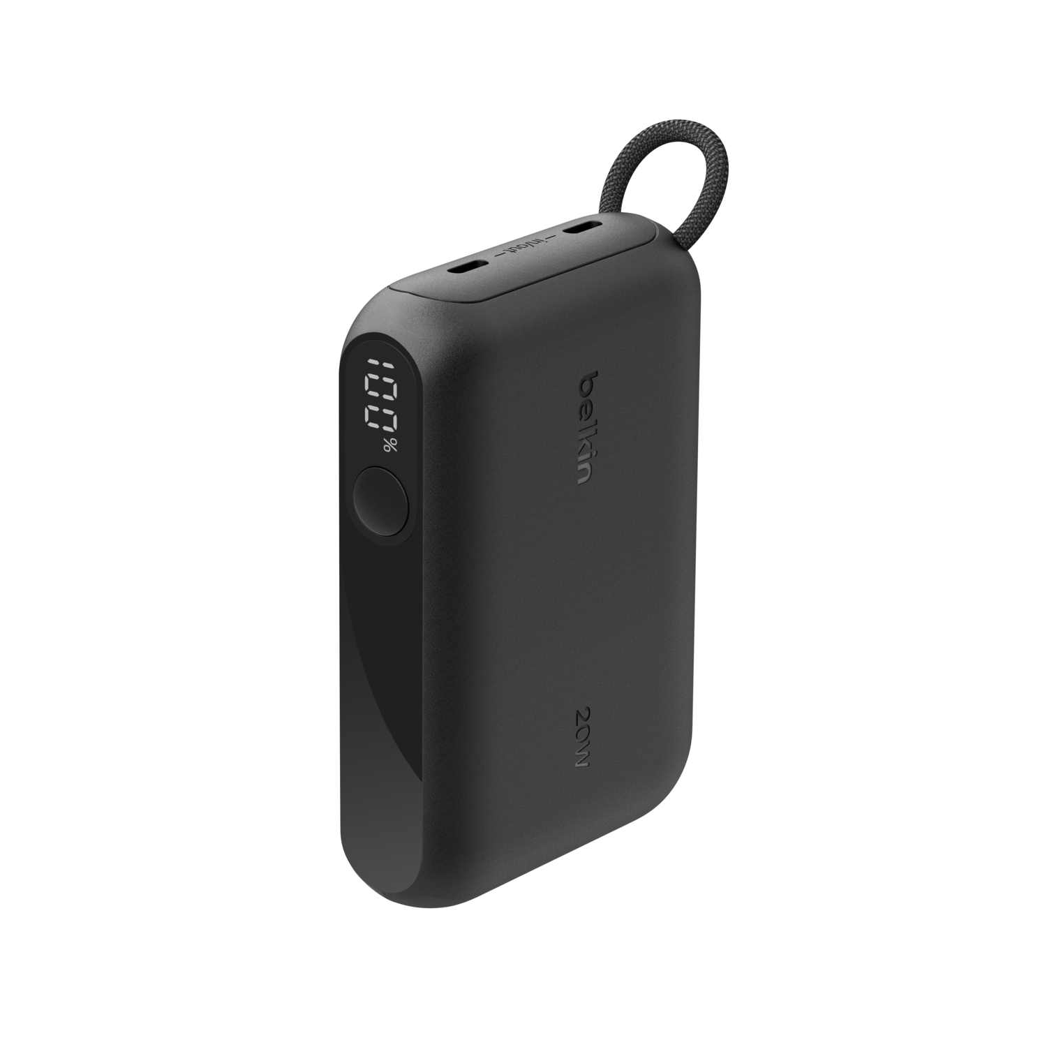 Batterie externe Belkin 20W noire avec affichage numérique indiquant 100%. Dispose d'une boucle pour accrocher. Le fond est blanc.