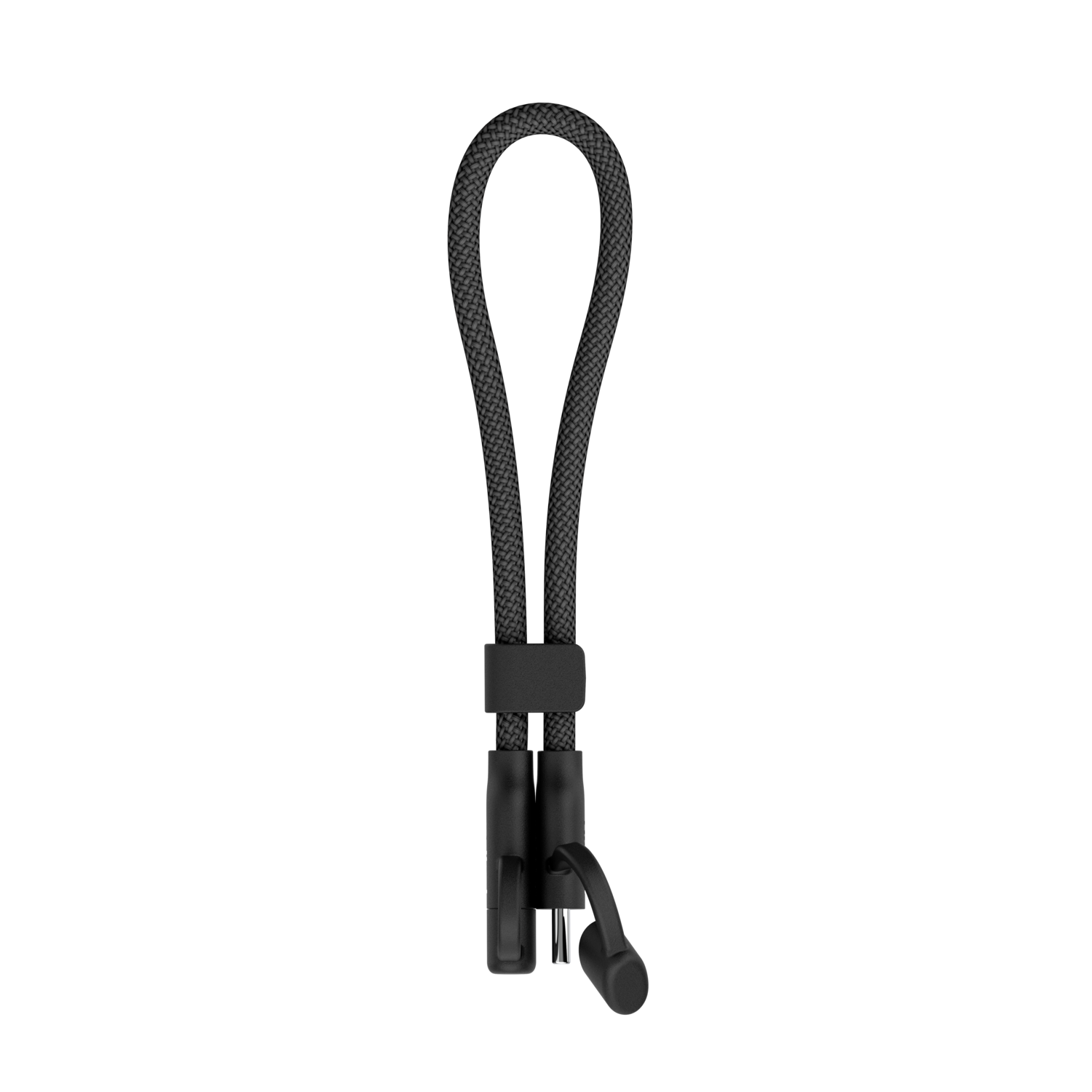 Une lanière noire tressée avec une boucle en haut et un clip en bas, sur fond blanc.