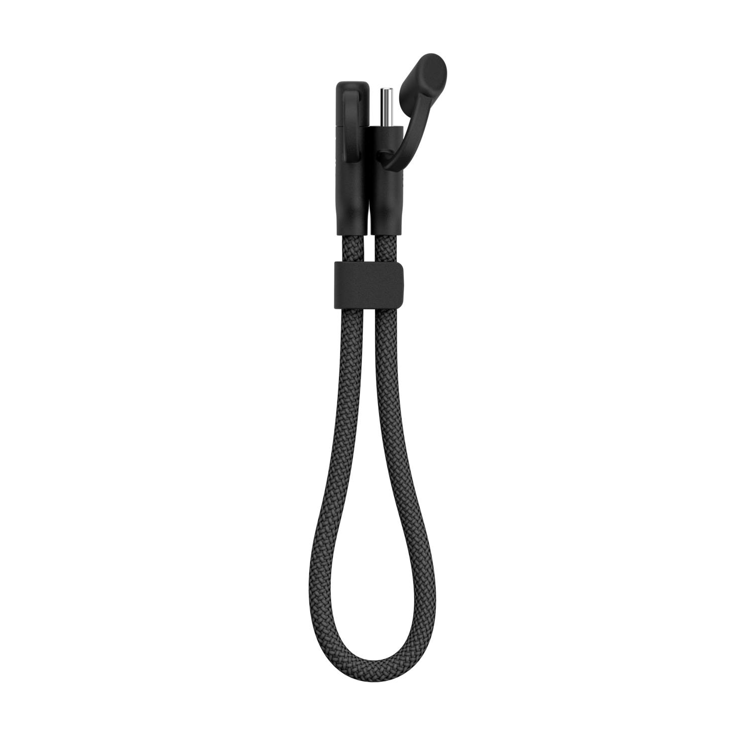 Une lanière noire avec une boucle et un connecteur. La lanière est faite d'une corde texturée gris foncé.