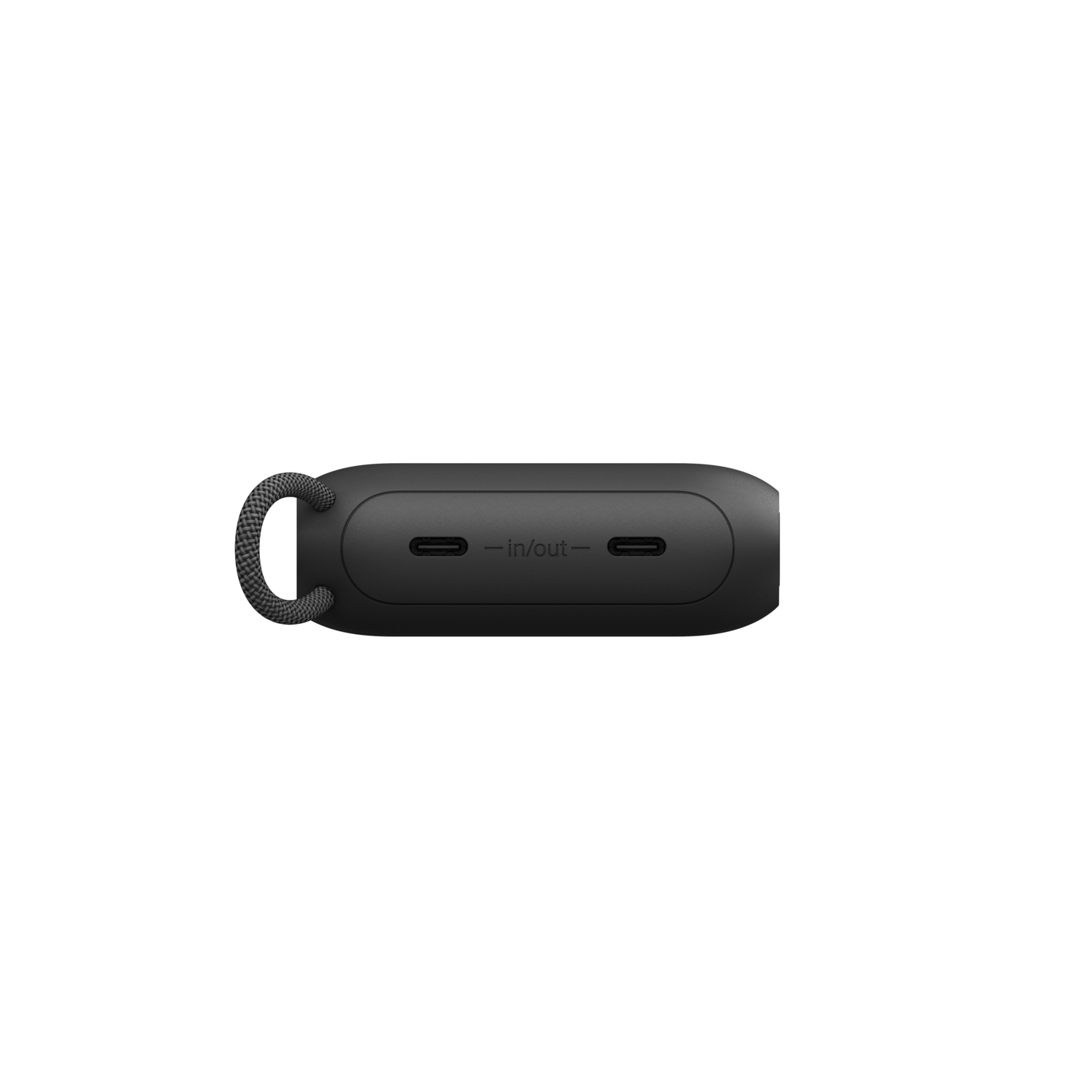 Appareil noir rectangulaire avec boucle et deux ports, marqué 'in/out', sur fond blanc.