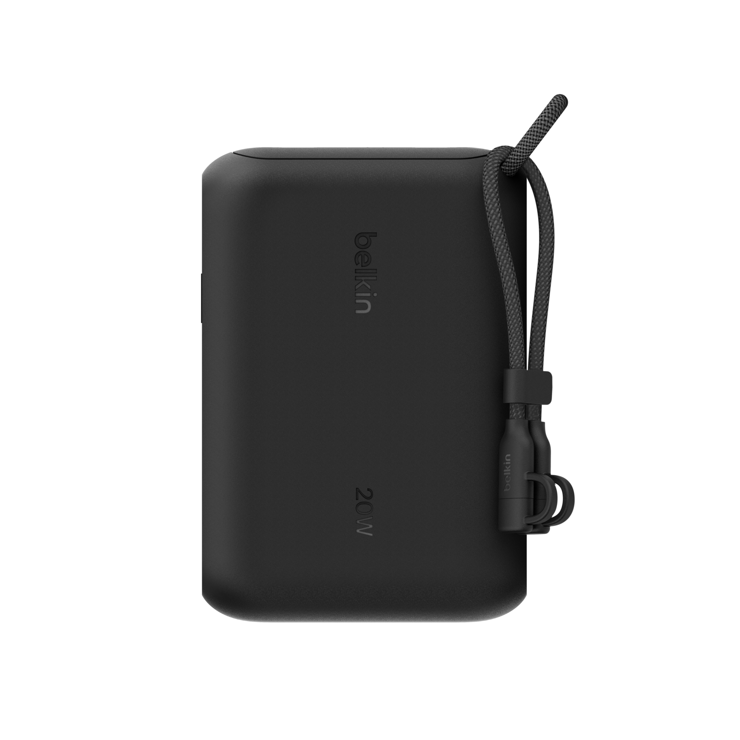 Batterie externe Belkin 20W noire. Comprend une sangle tissée et une boucle. La marque est visible. Le fond est blanc.